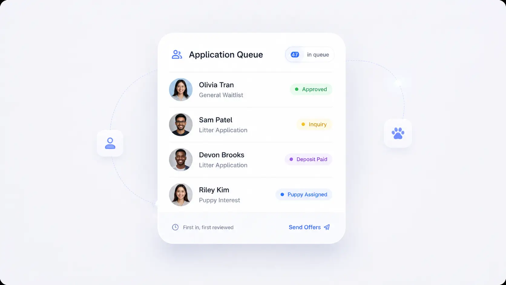 An application queue of families with approval and deposit statuses