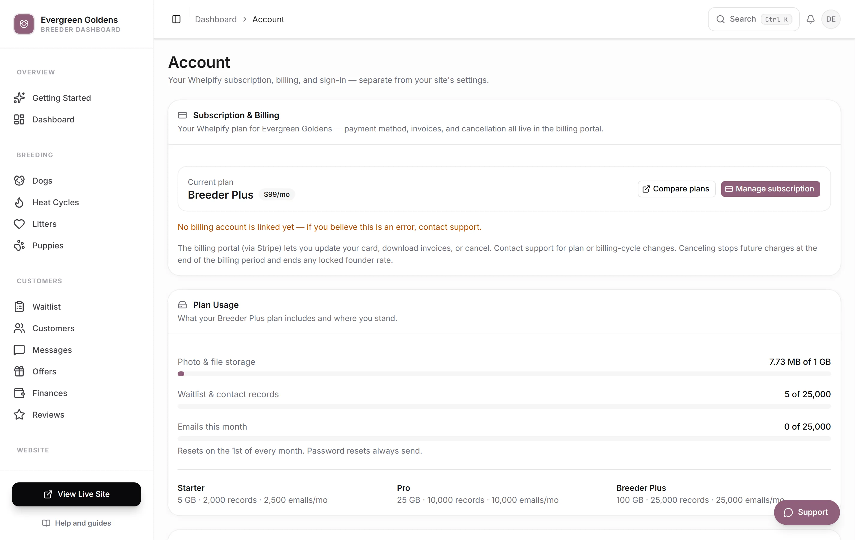 The Account page with the Account link outlined in the sidebar