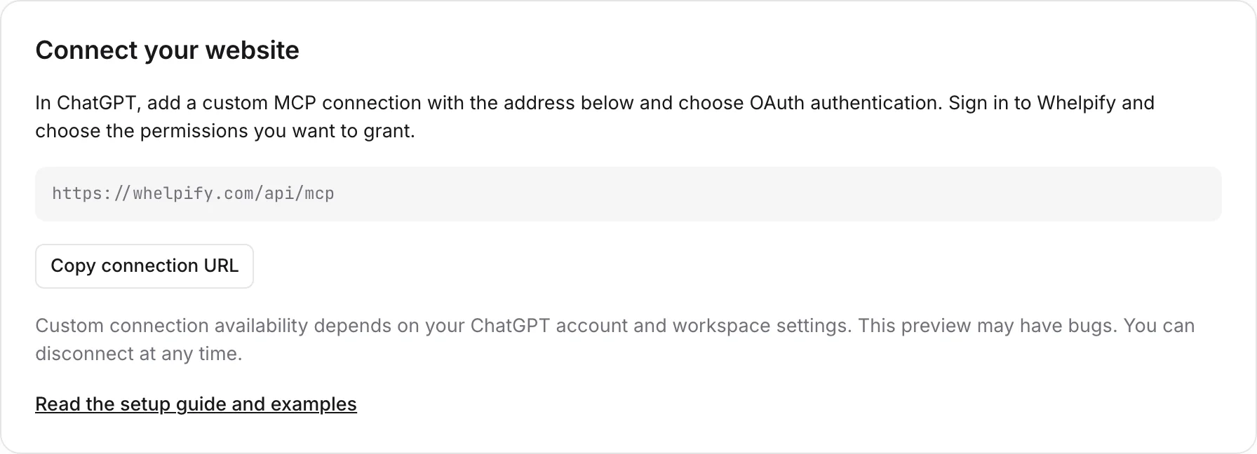 ChatGPT connection settings and activity in Whelpify