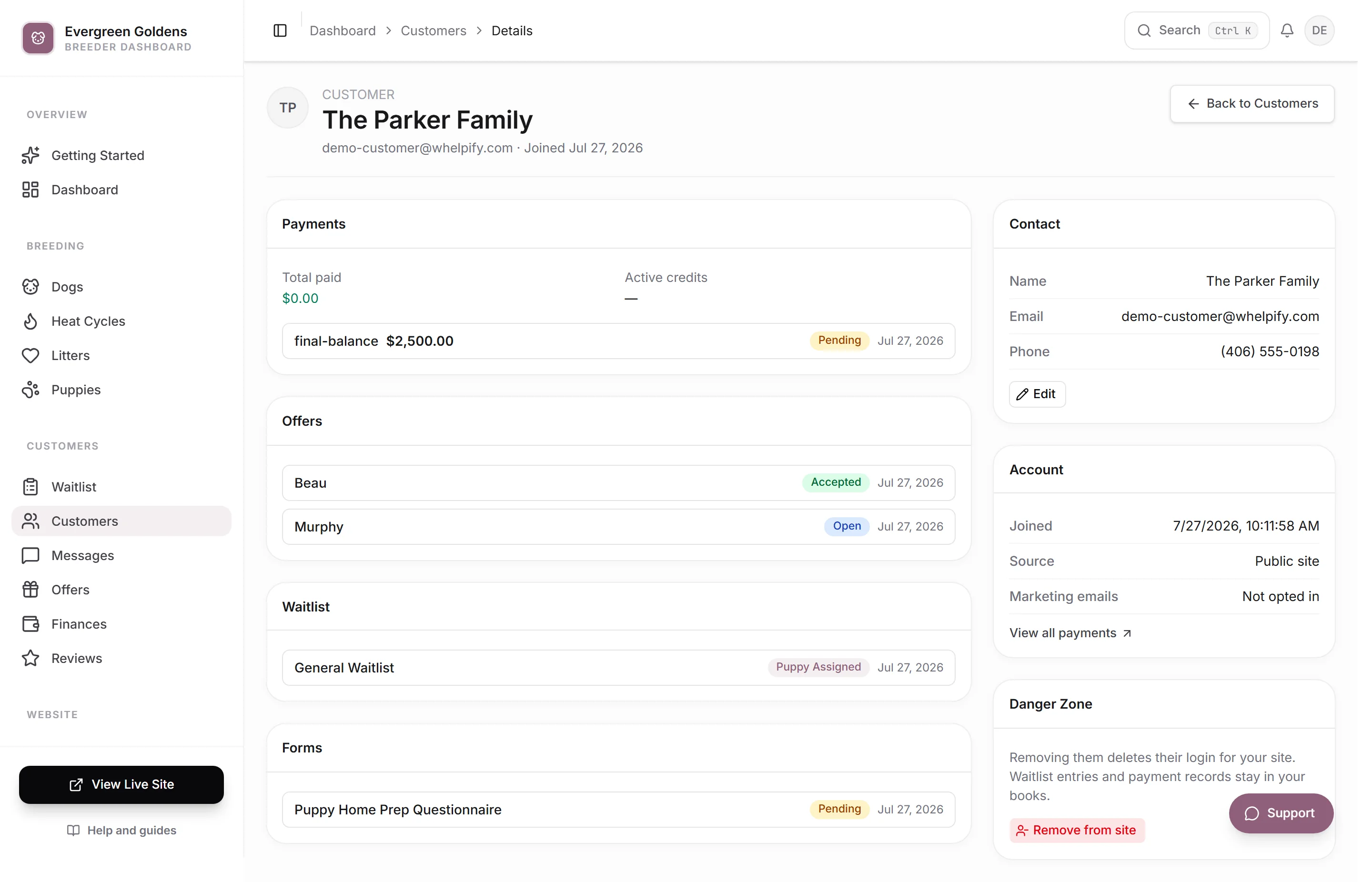 A customer record with payments, offers, waitlist, and forms