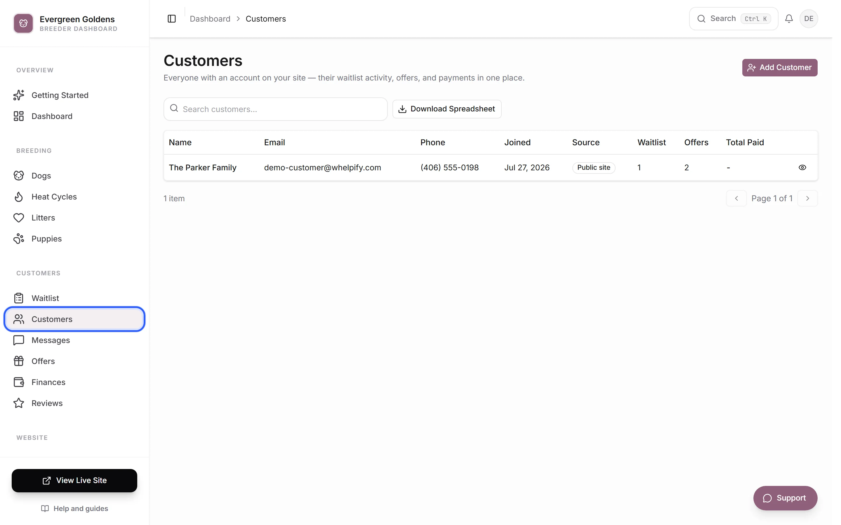 The Customers list showing name, joined date, source, and total paid