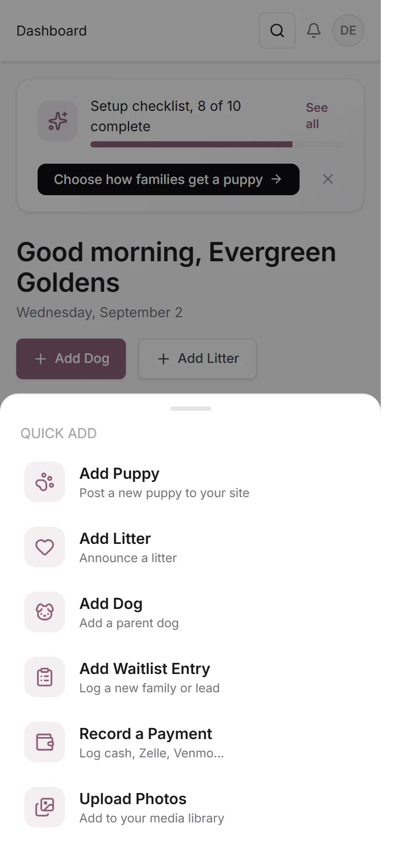 The quick add sheet open on a phone, listing the six shortcuts