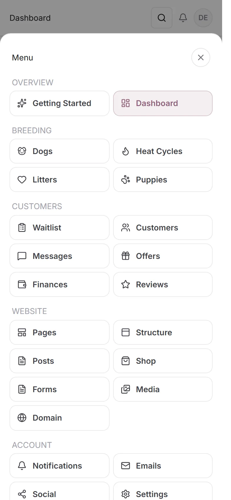 The phone menu sheet open, showing the dashboard sections as a grid