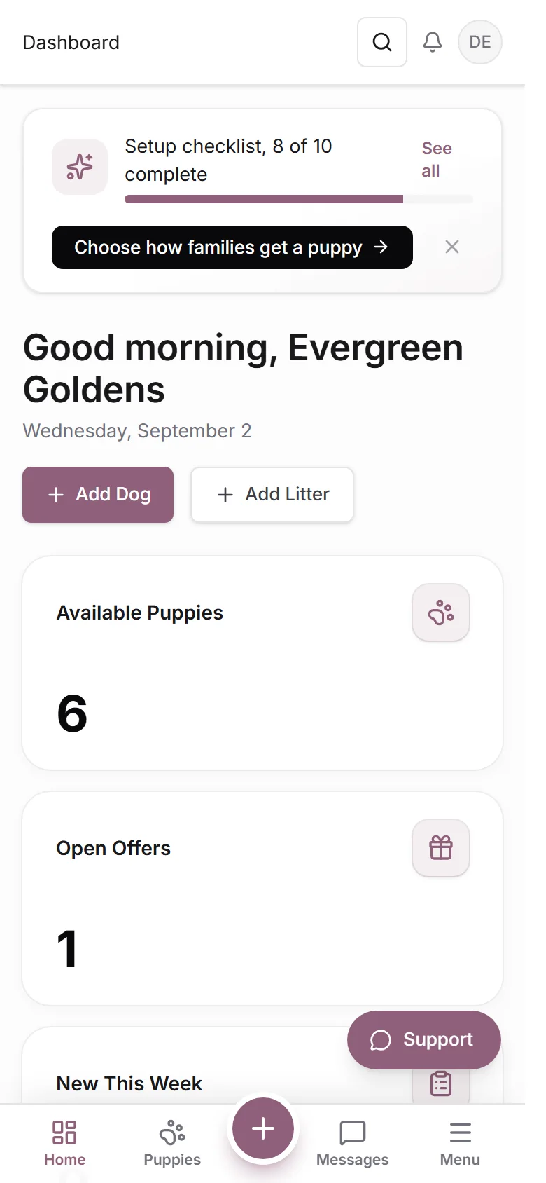 The Whelpify dashboard on a phone with the bottom navigation bar