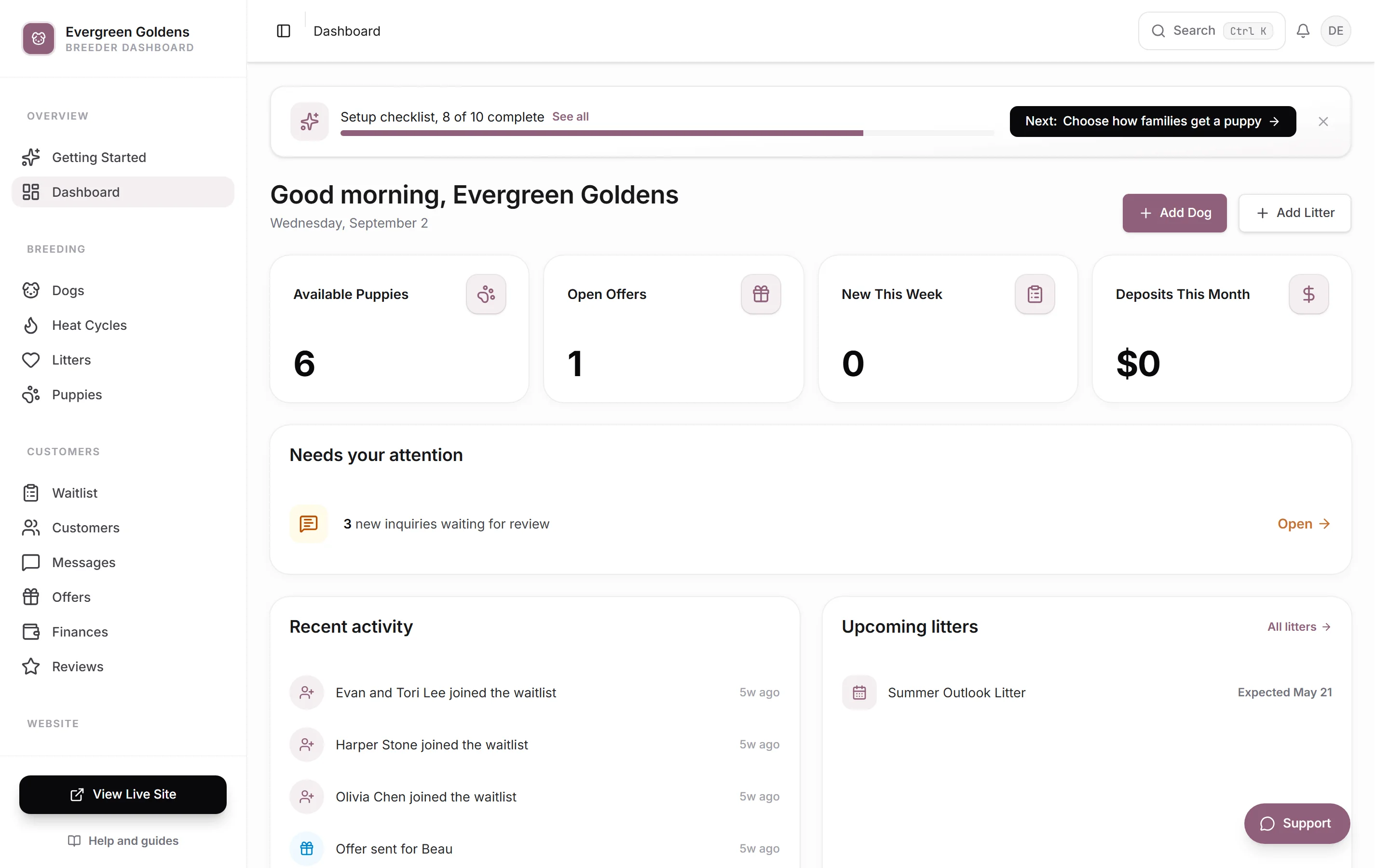 The Whelpify dashboard home page with metric cards and the sidebar