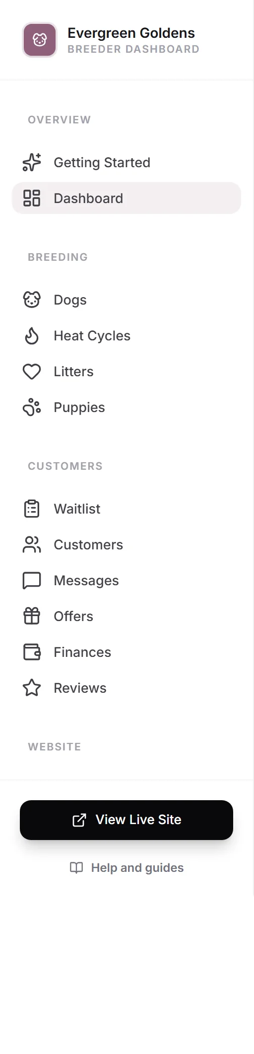 The dashboard sidebar with the setup link at the top of the Overview group