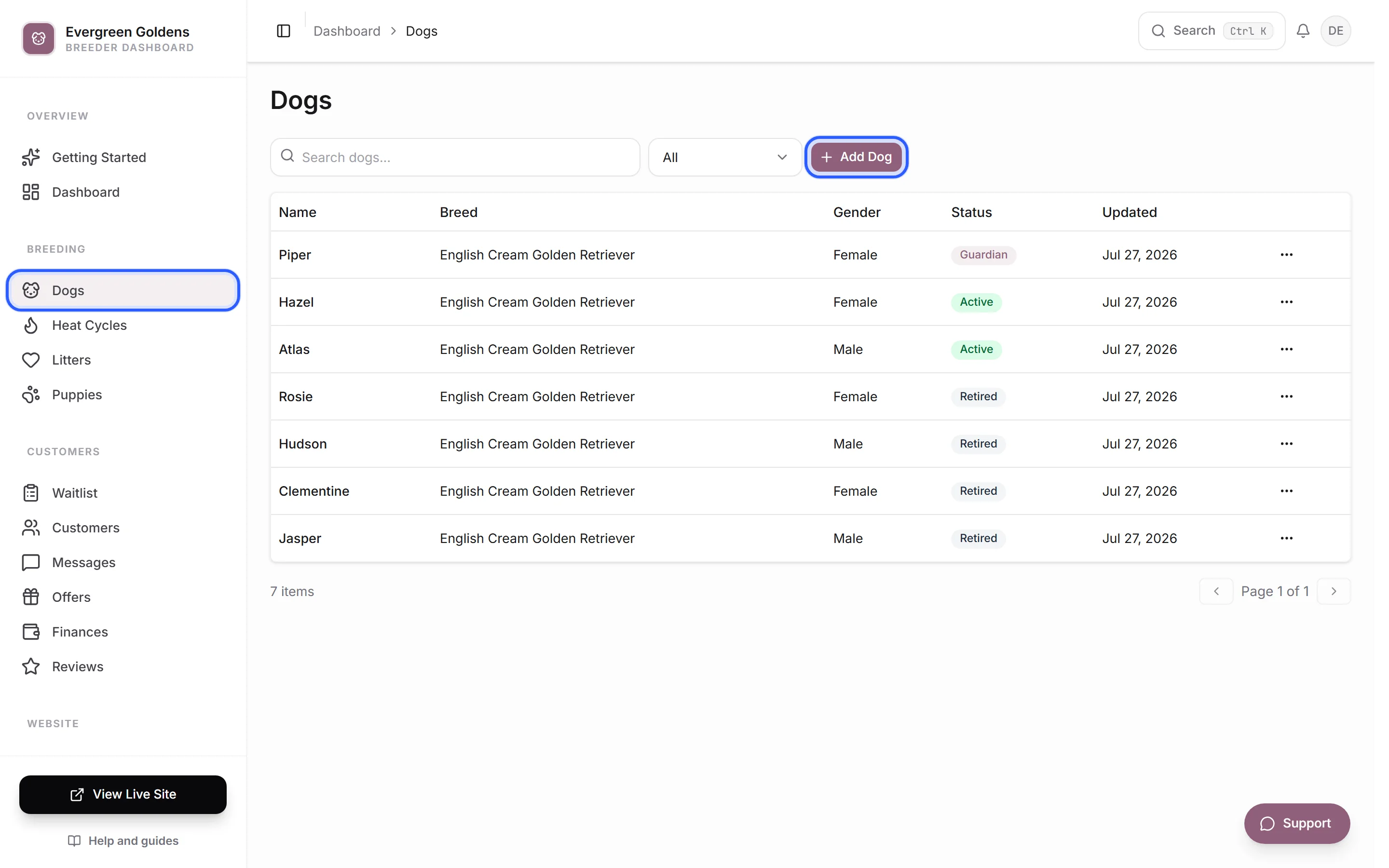 The Dogs list with the Add Dog button outlined
