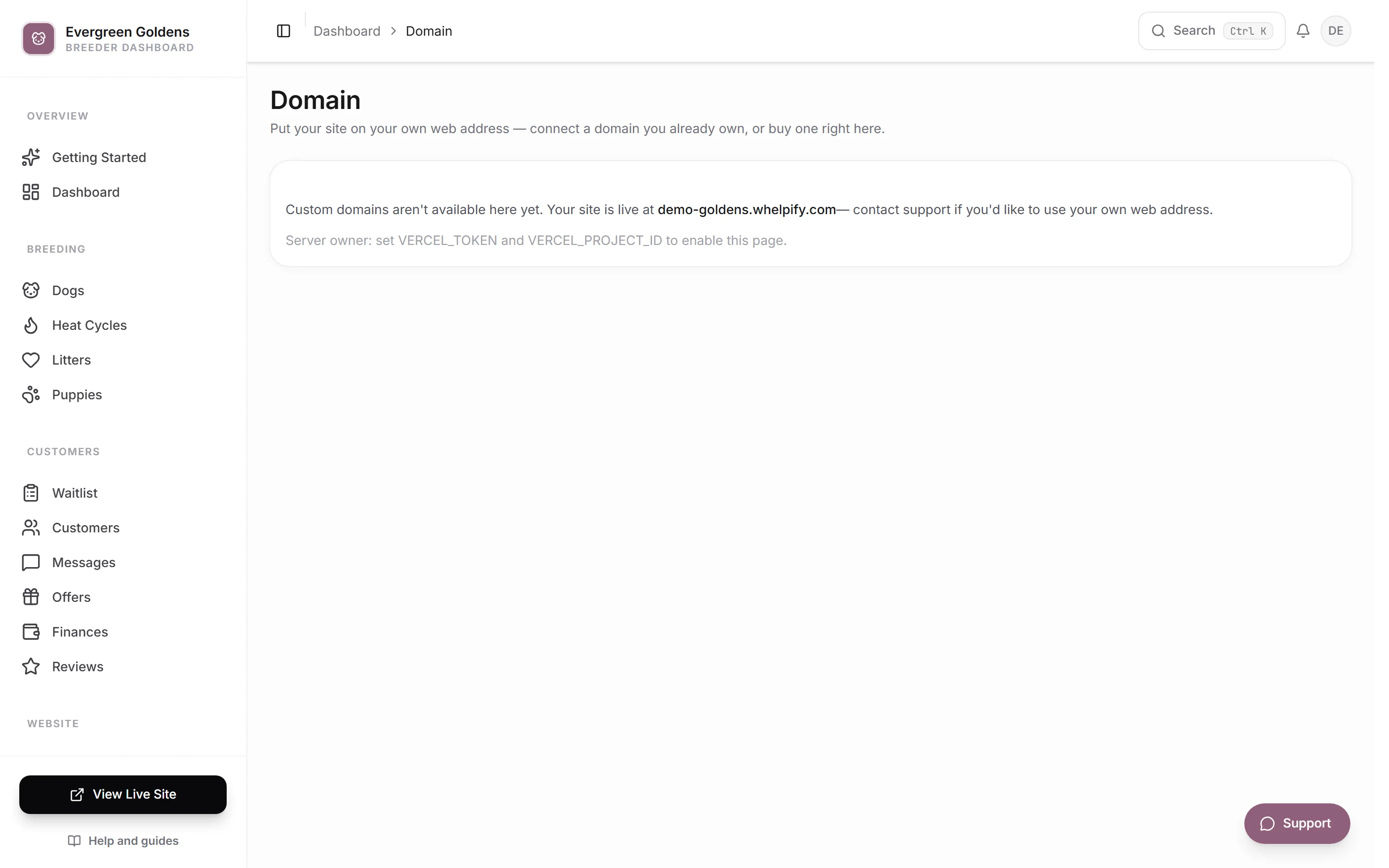 The Domain screen offering to connect an existing domain or buy one