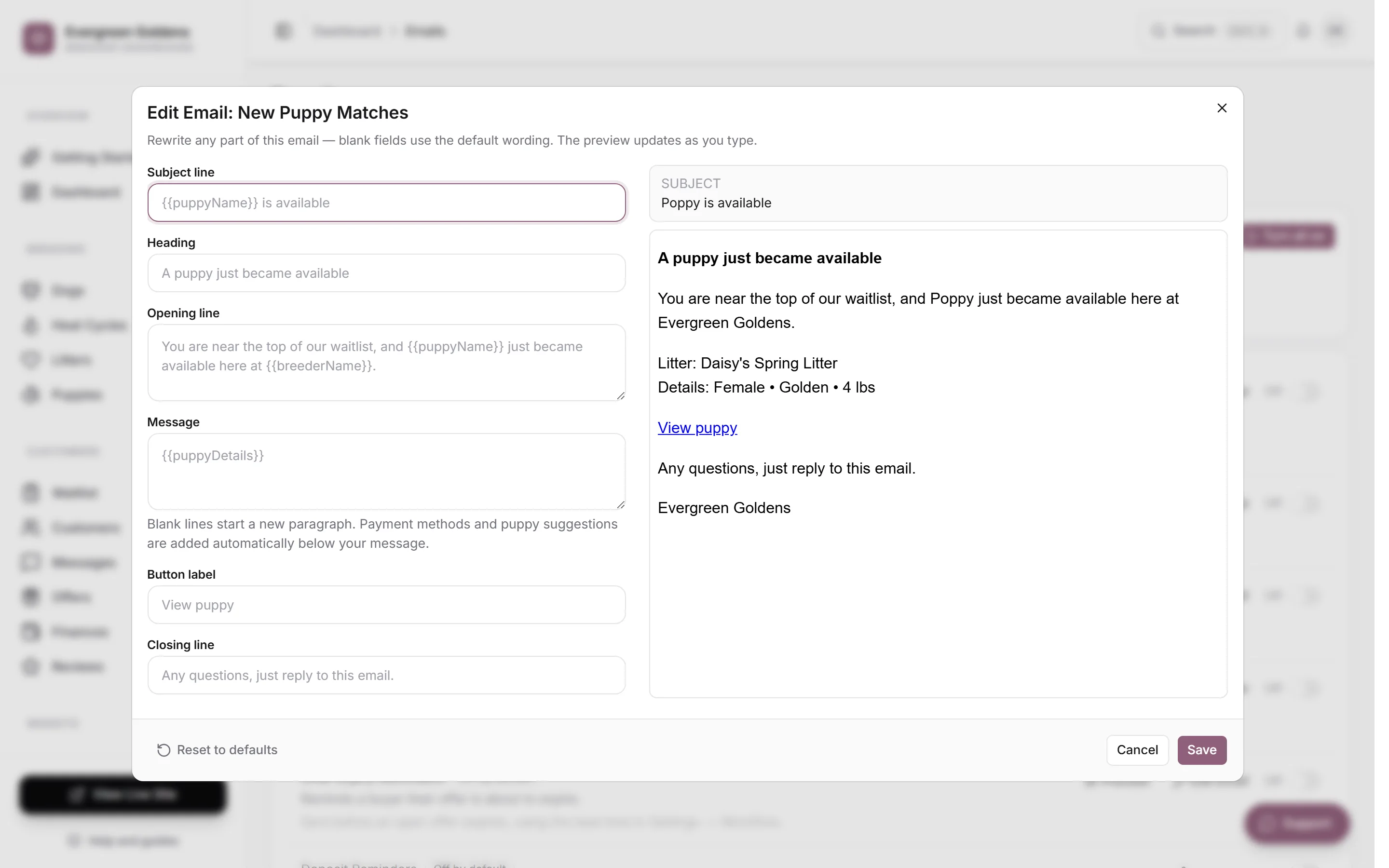 The Edit Email dialog with the wording fields on the left and a live preview on the right