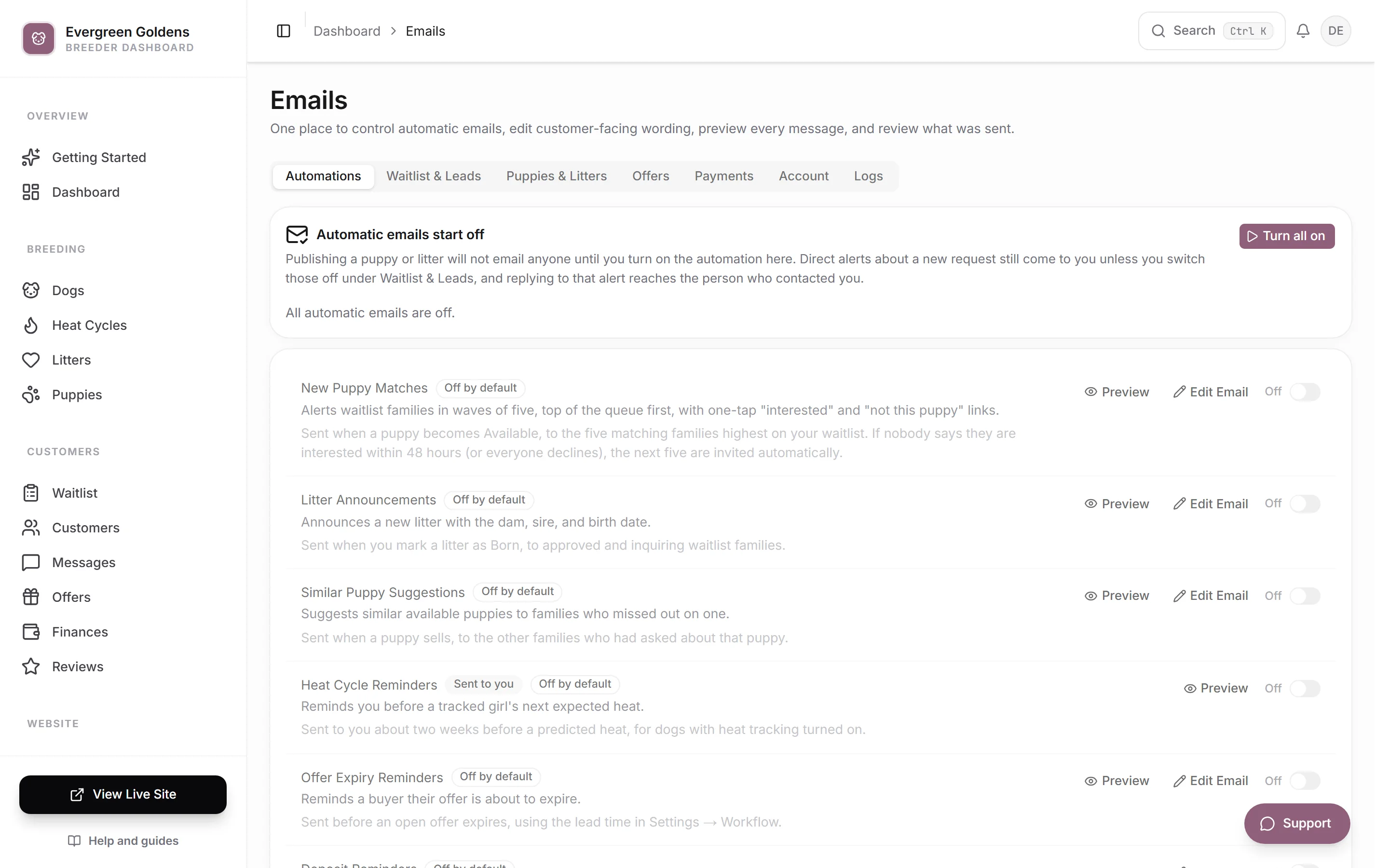 The Emails page with the Emails link outlined in the sidebar