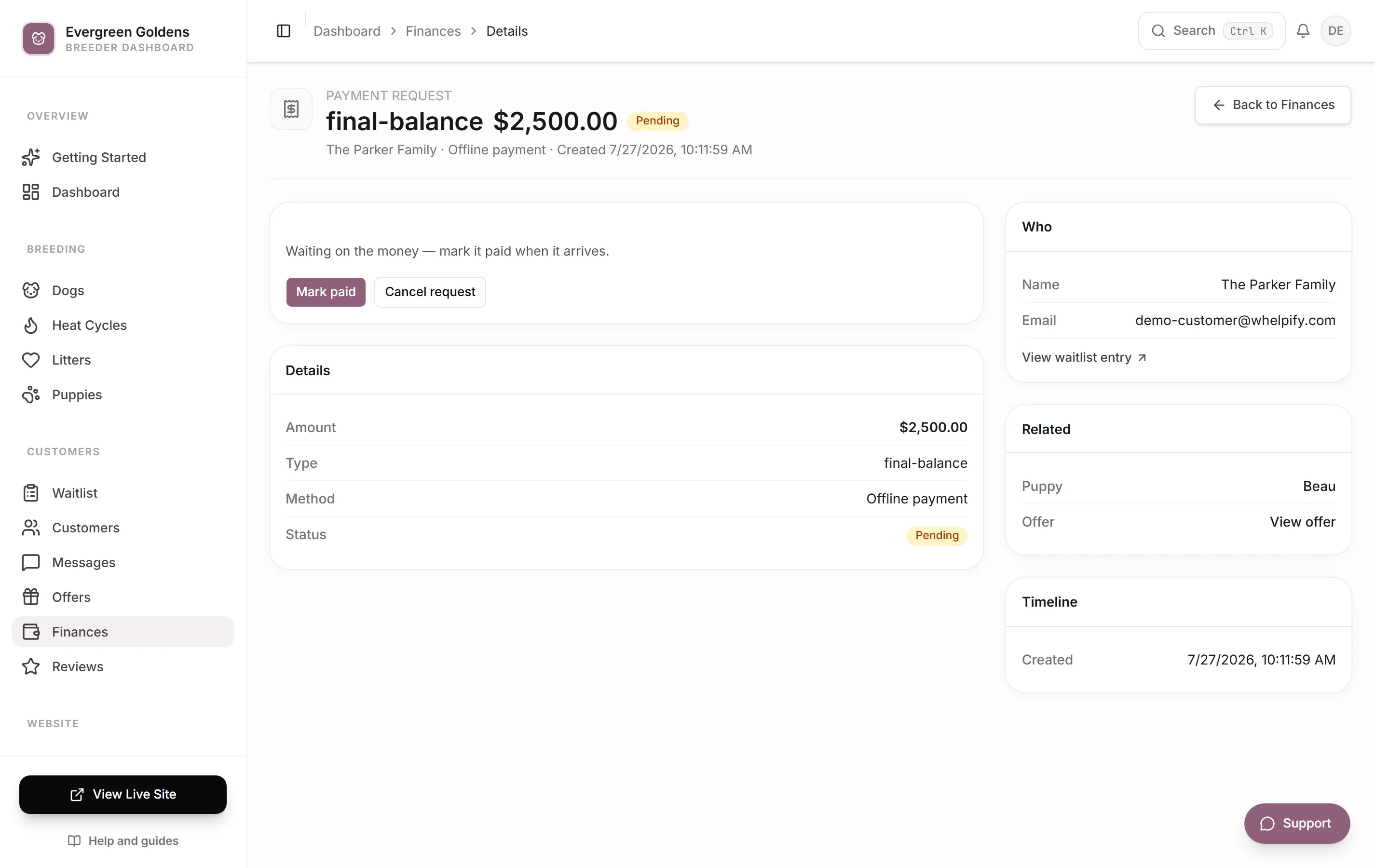 A single payment request page showing its status, details, customer, related puppy, and timeline