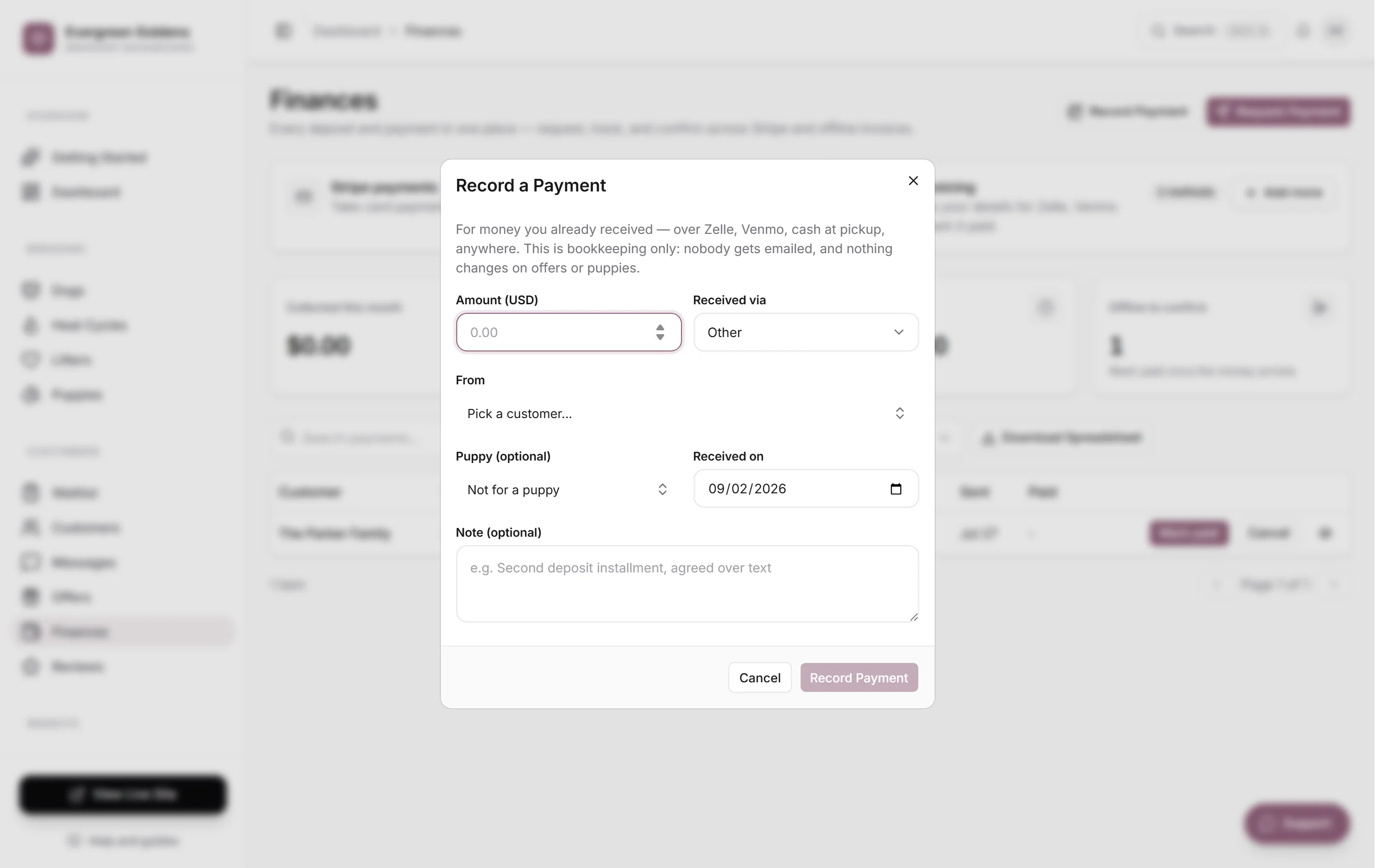 The Record a Payment dialog with amount, method, customer, puppy, date, and note fields