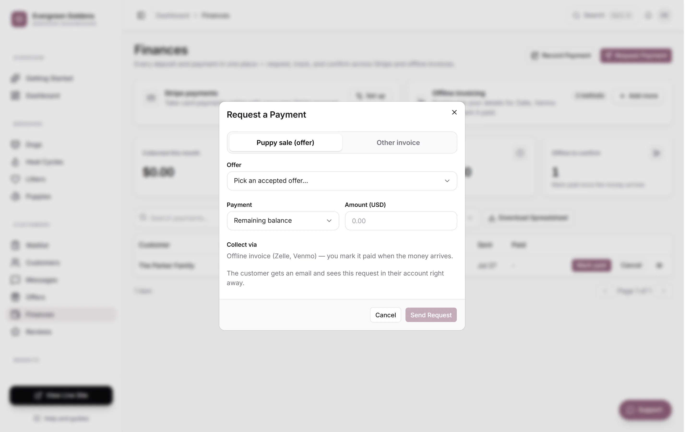 The Request a Payment dialog with the Puppy sale (offer) tab selected