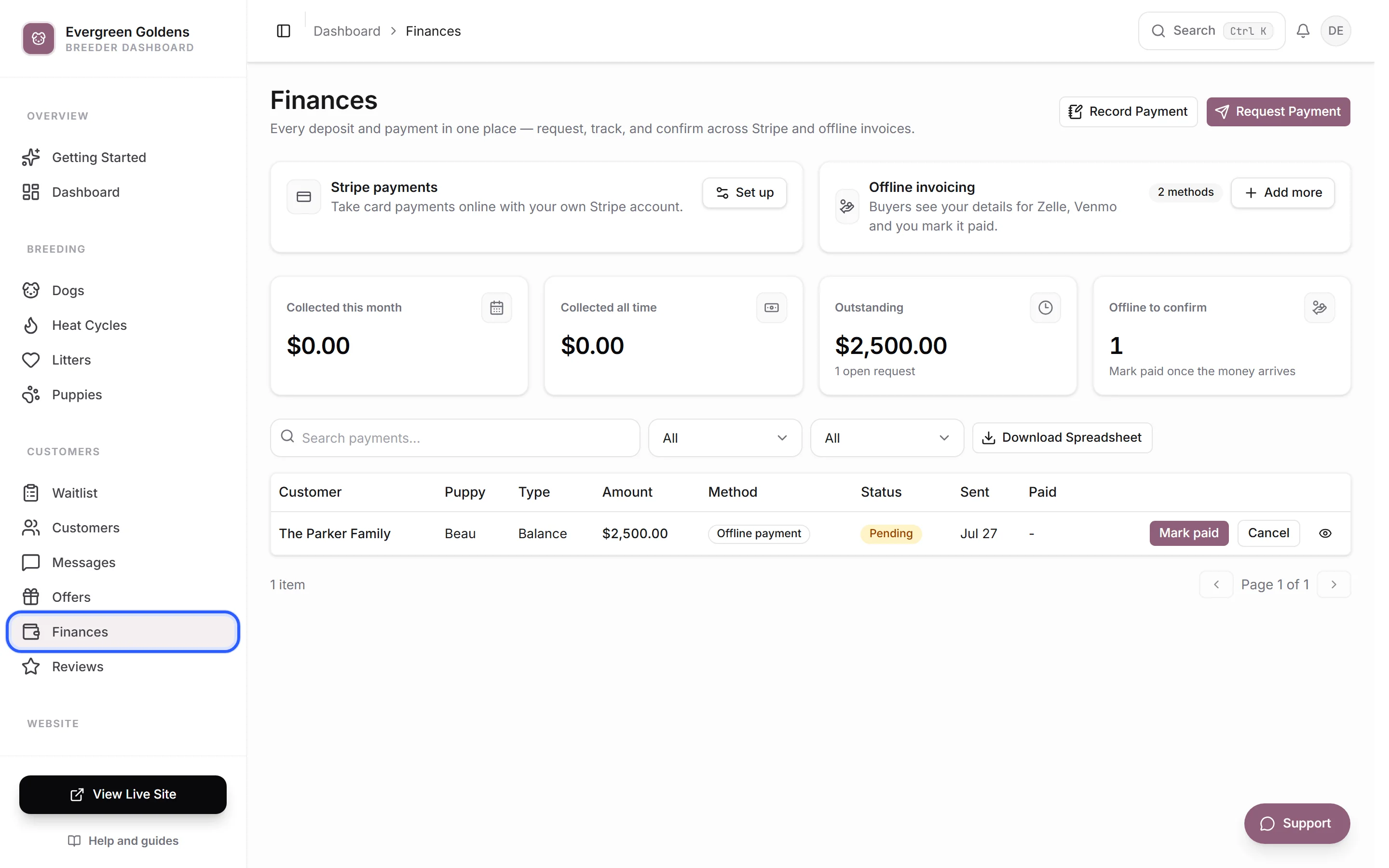 The Finances page with payment method cards, totals, and the payments table
