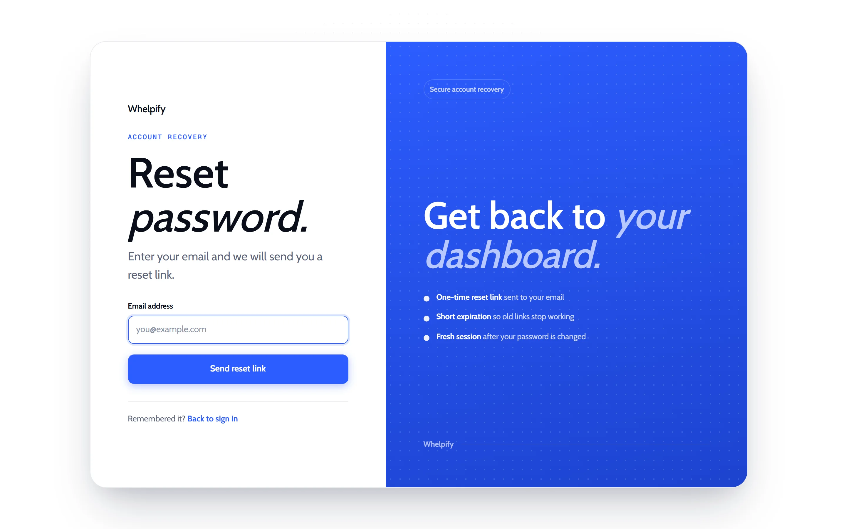 The reset password page with one email field and the Send reset link button