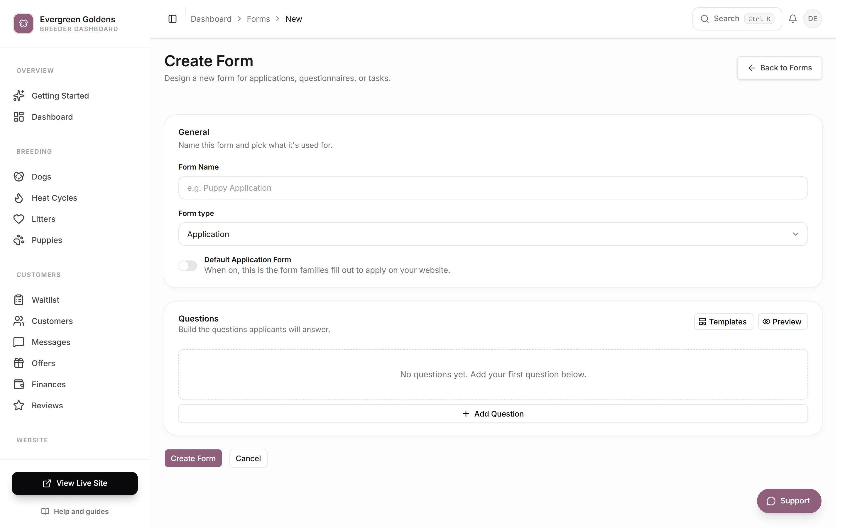 A form open in the editor with its questions listed
