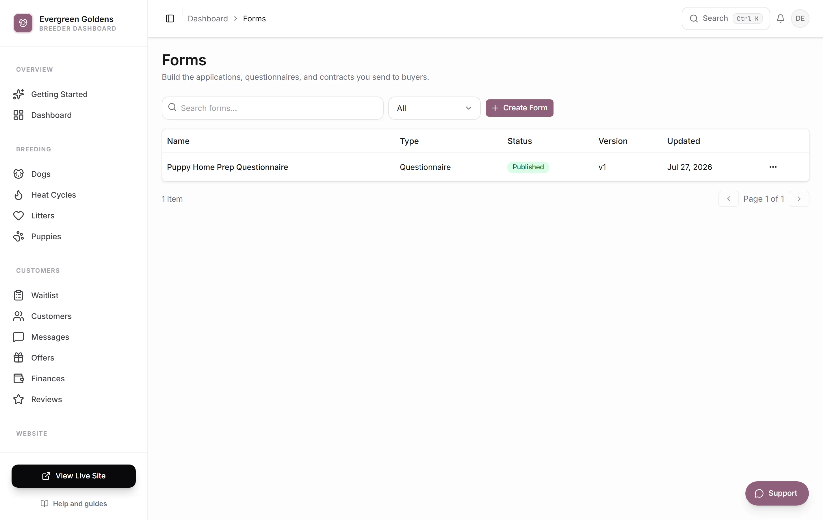 The Forms list with each form, its type, and its status