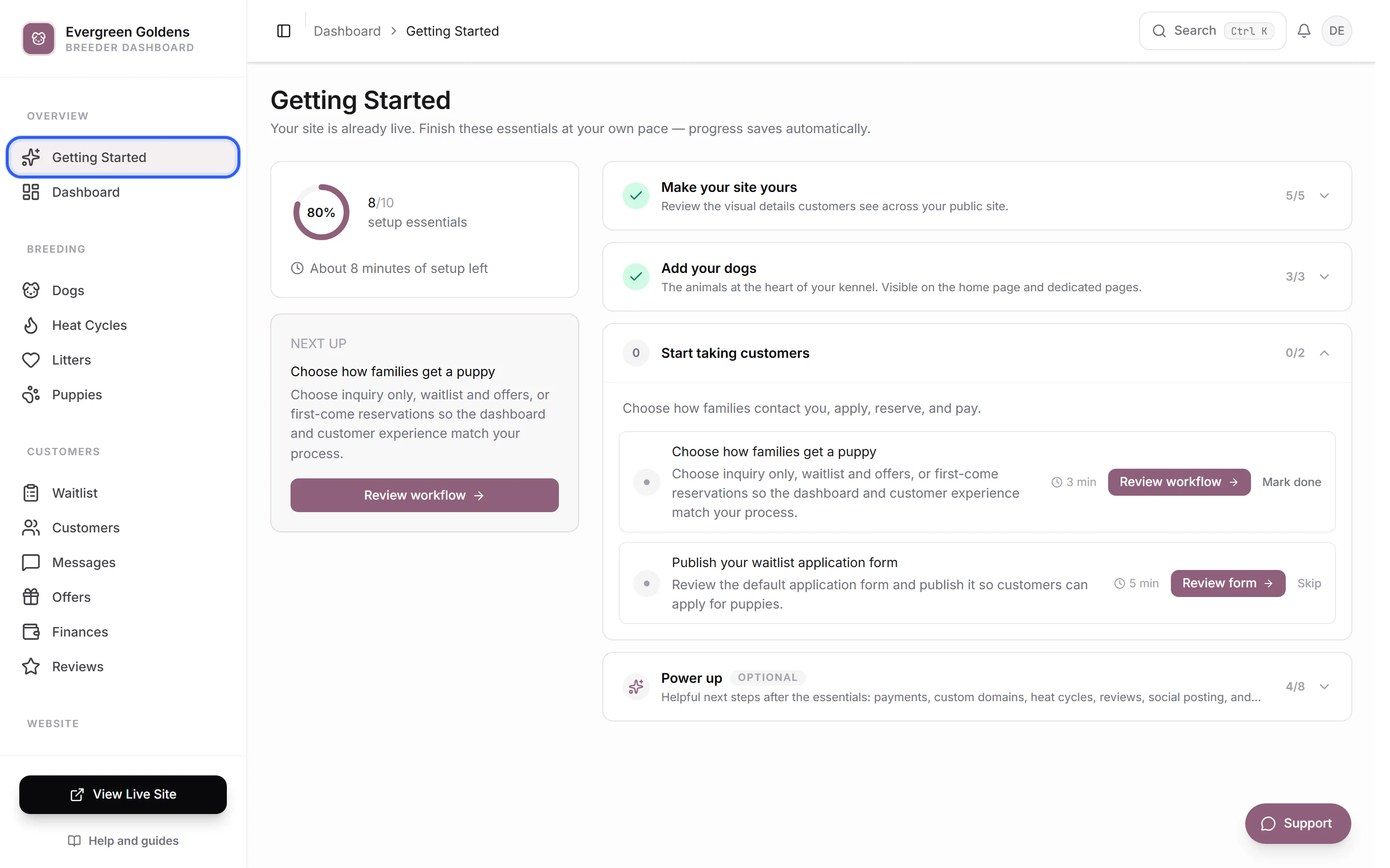 The Getting Started page with the progress ring, the Next up card, and the task groups