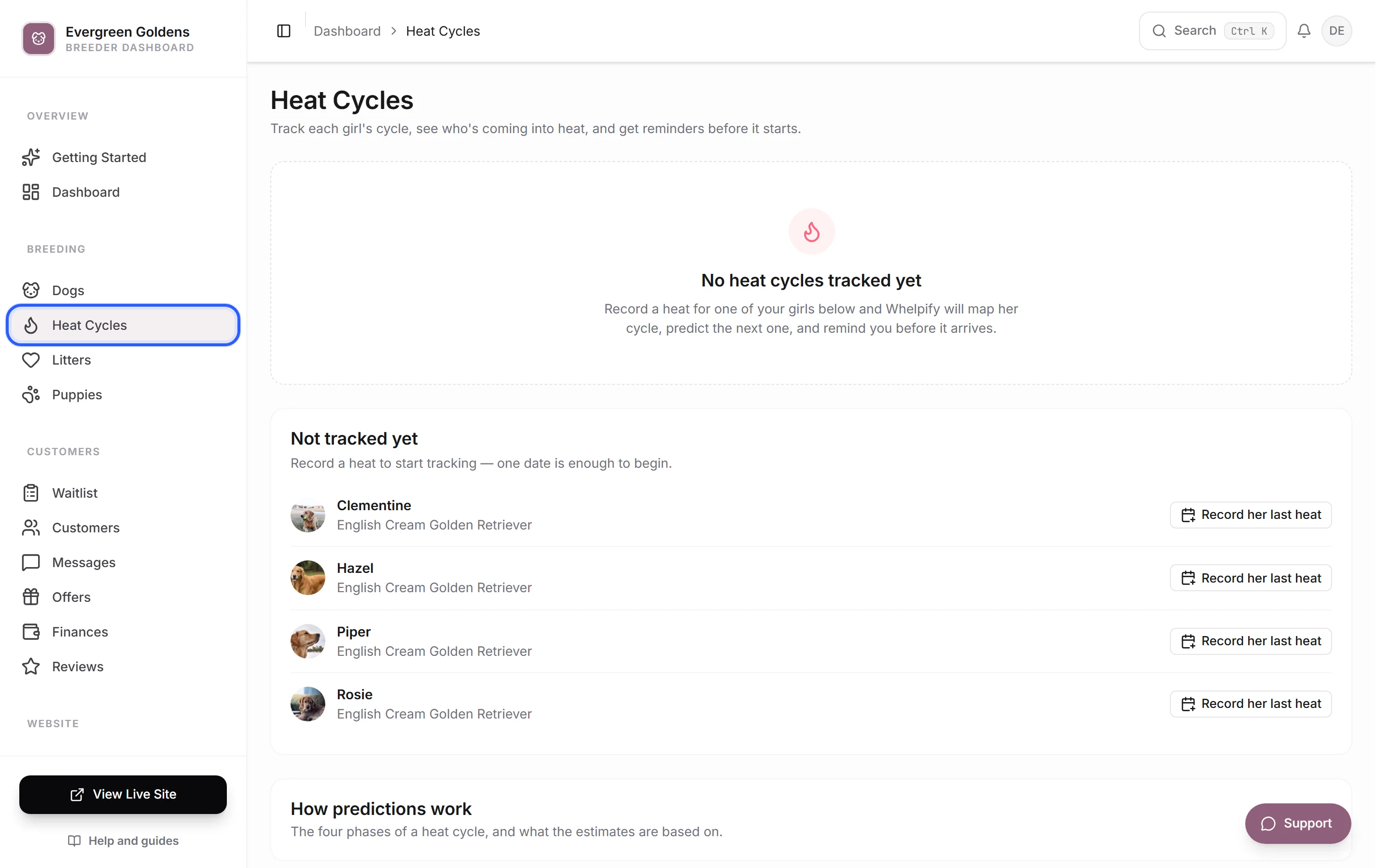 The Heat Cycles board with the calendar and tracked girls