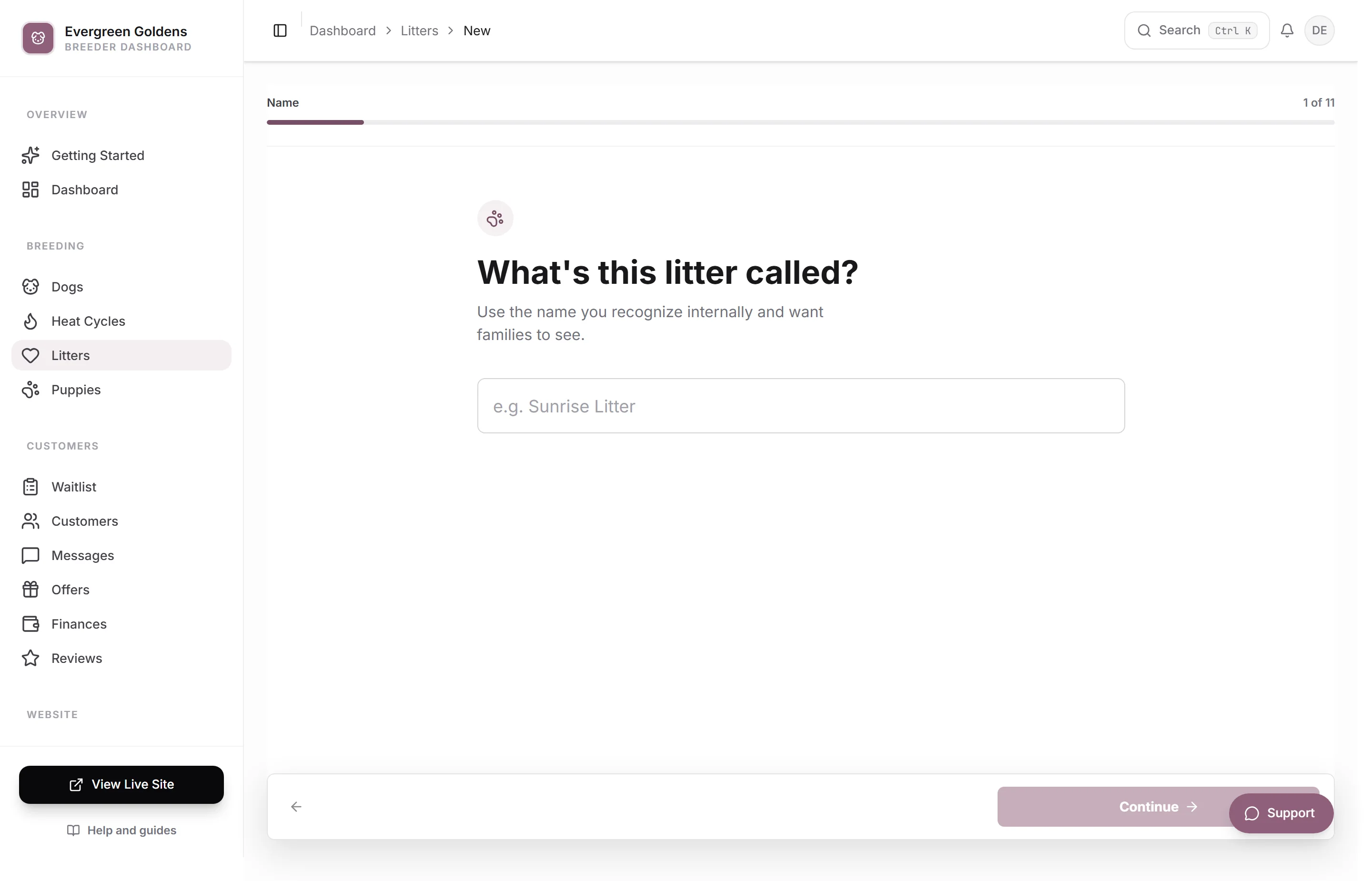 A saved litter open in the editor with its puppies listed underneath
