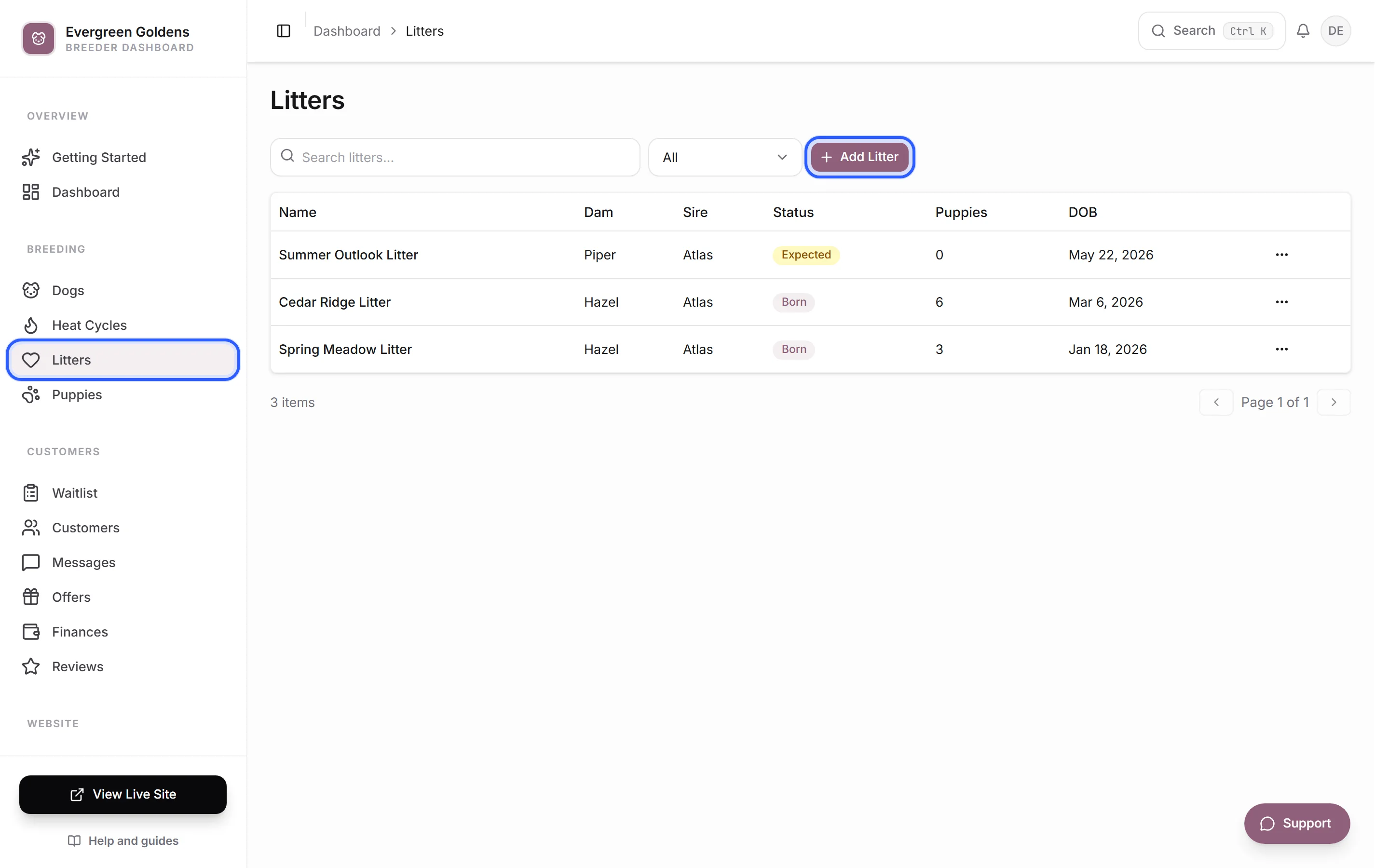The Litters list with the Add Litter button outlined