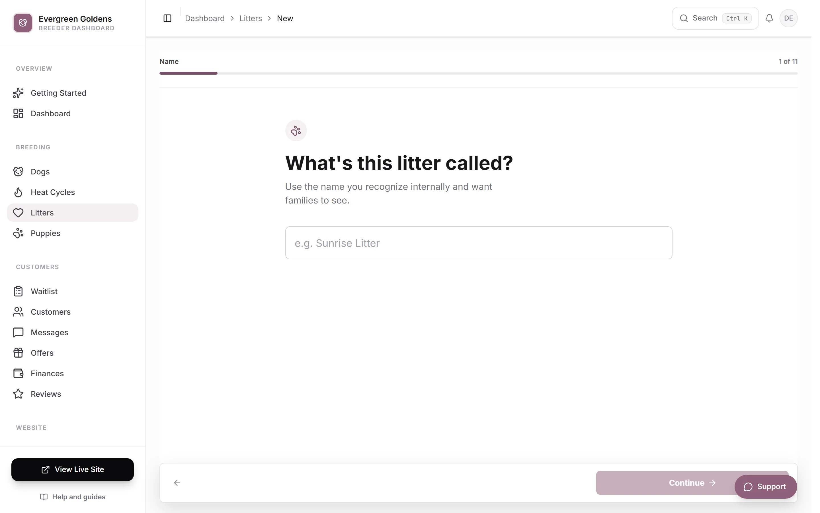 The guided screens for adding a new litter