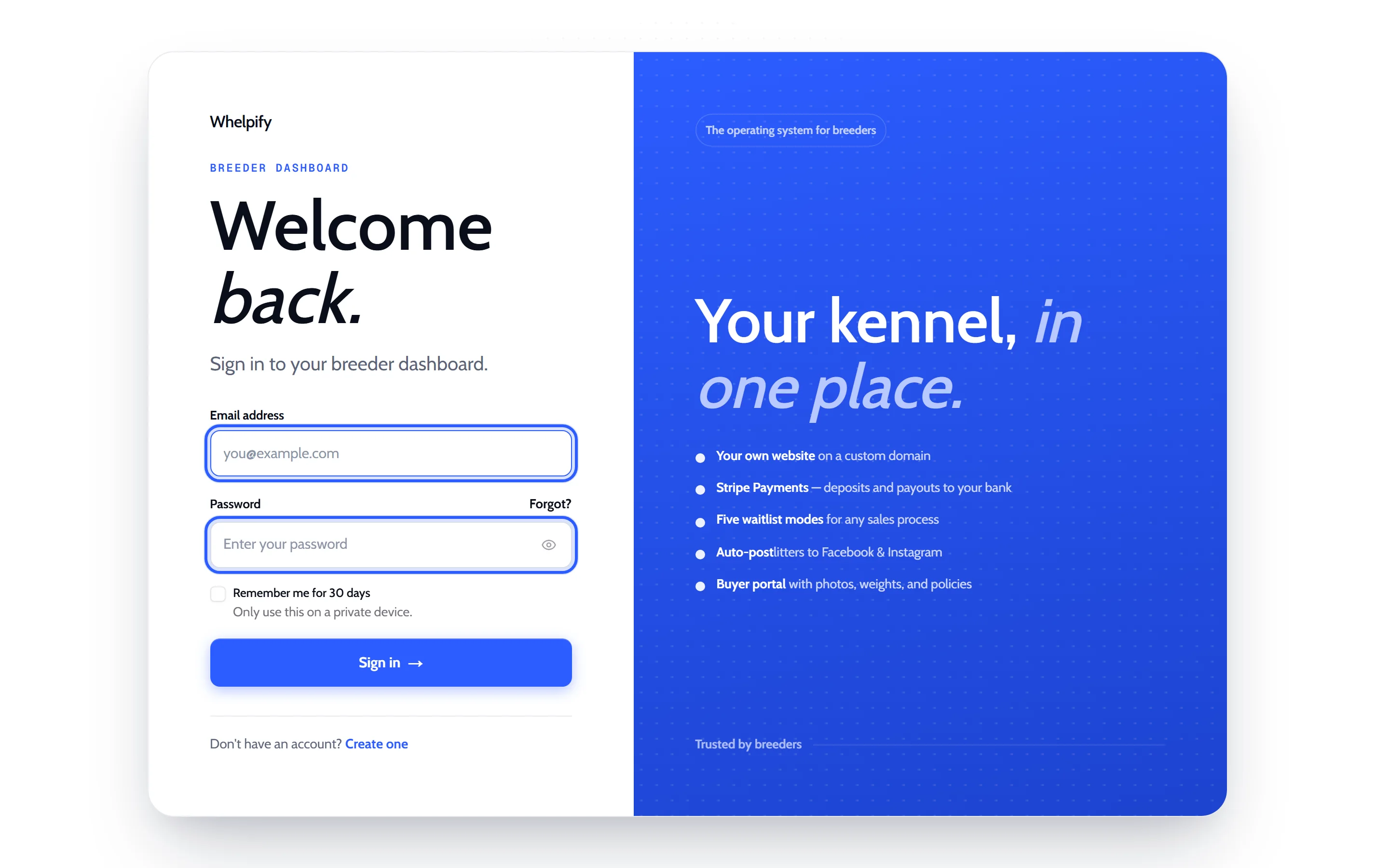 The Whelpify sign-in page with the email and password fields outlined