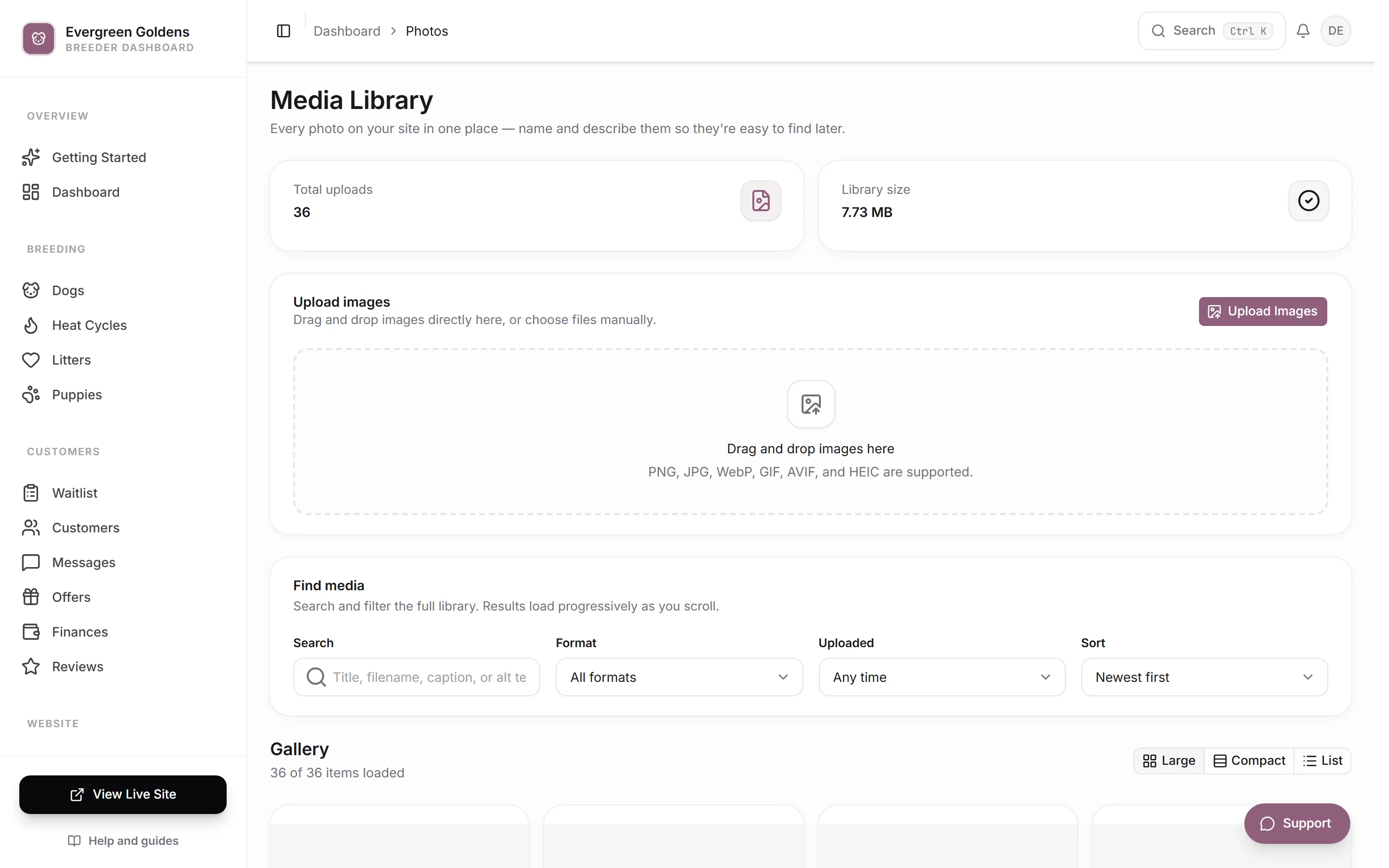 The media library with the upload area and photo grid