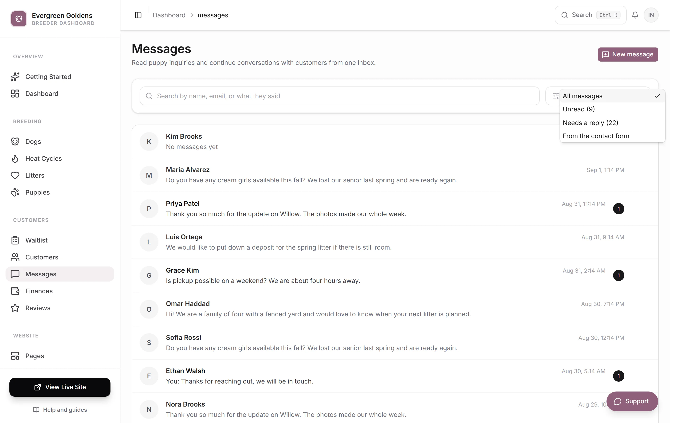 The inbox with the filter dropdown open beside the search box
