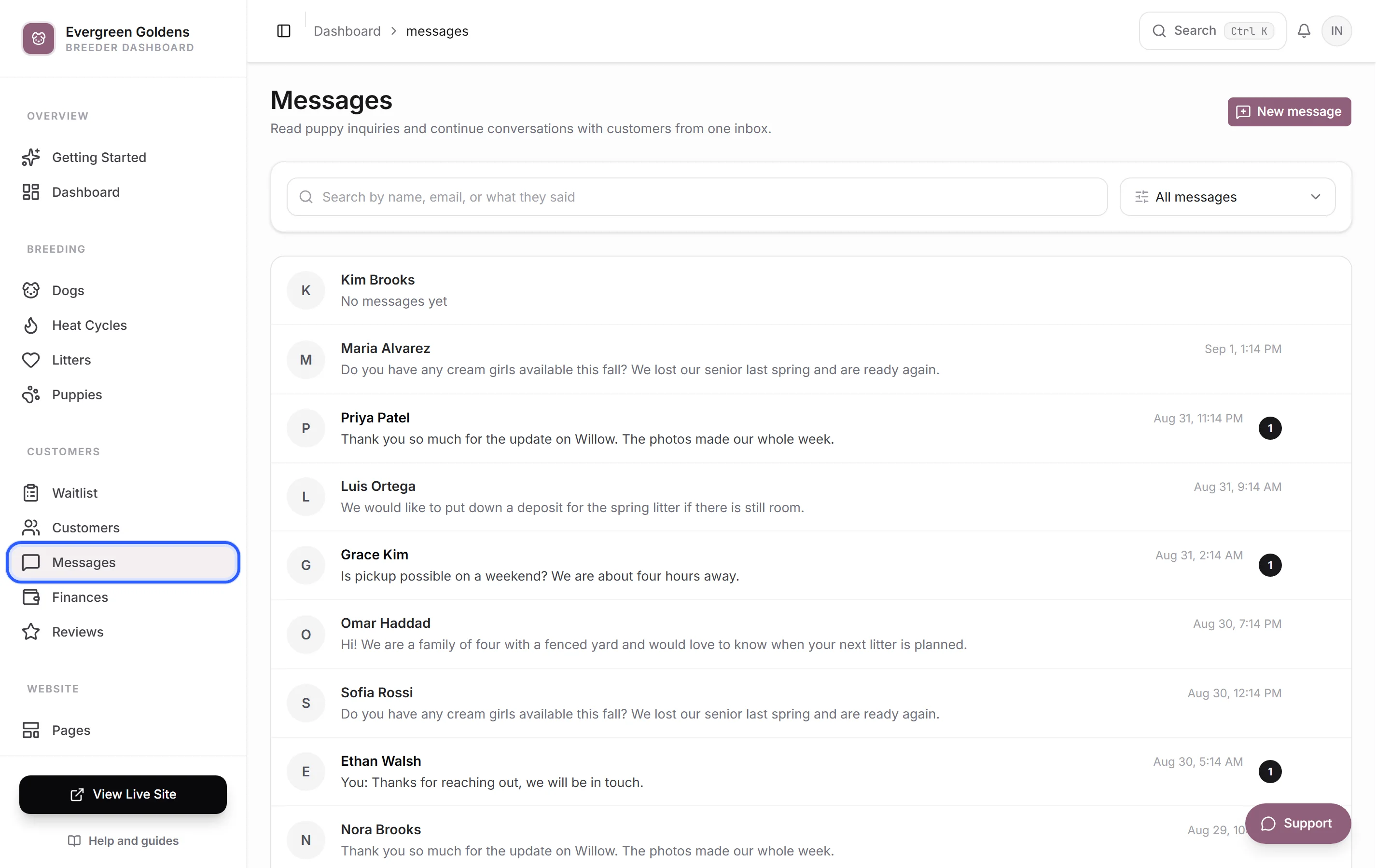 The message inbox with a search box, a filter, and a list of conversations