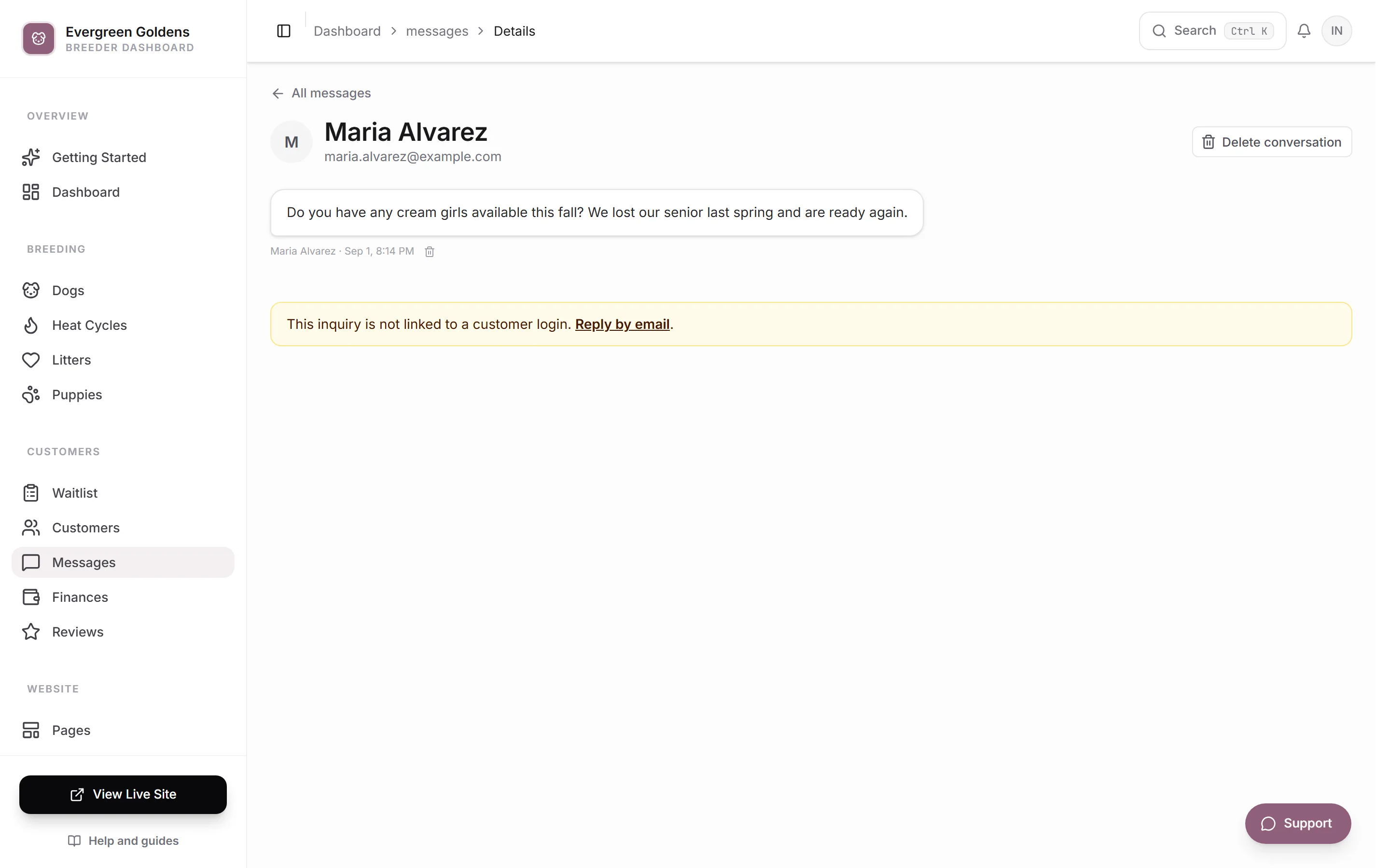 An open conversation showing the customer's message, the small delete icon under it, and the Delete conversation button
