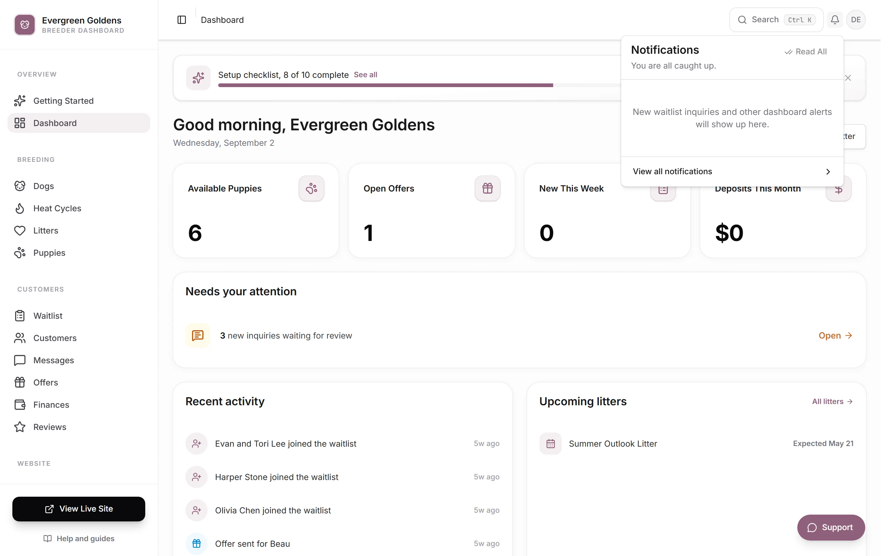 The dashboard with the bell popover open above the top bar