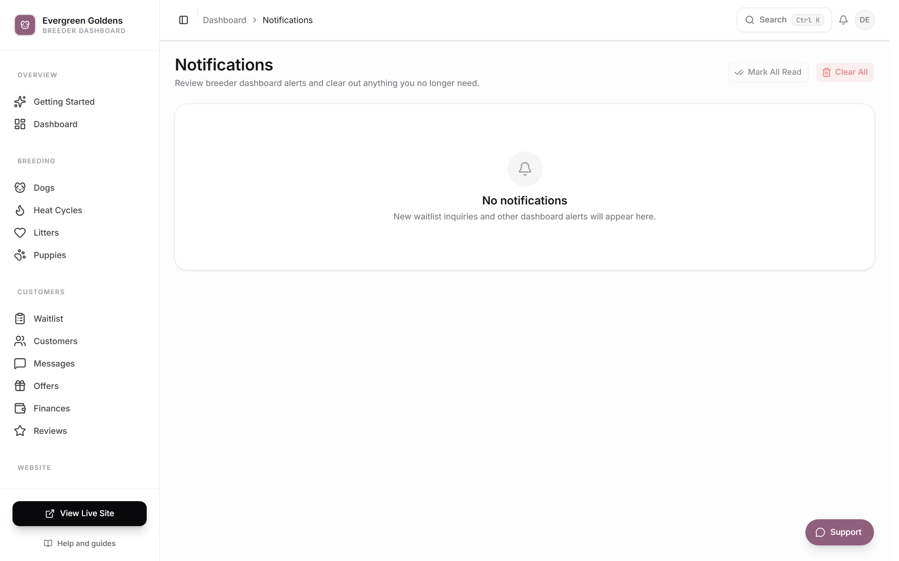 The notifications page listing recent alerts