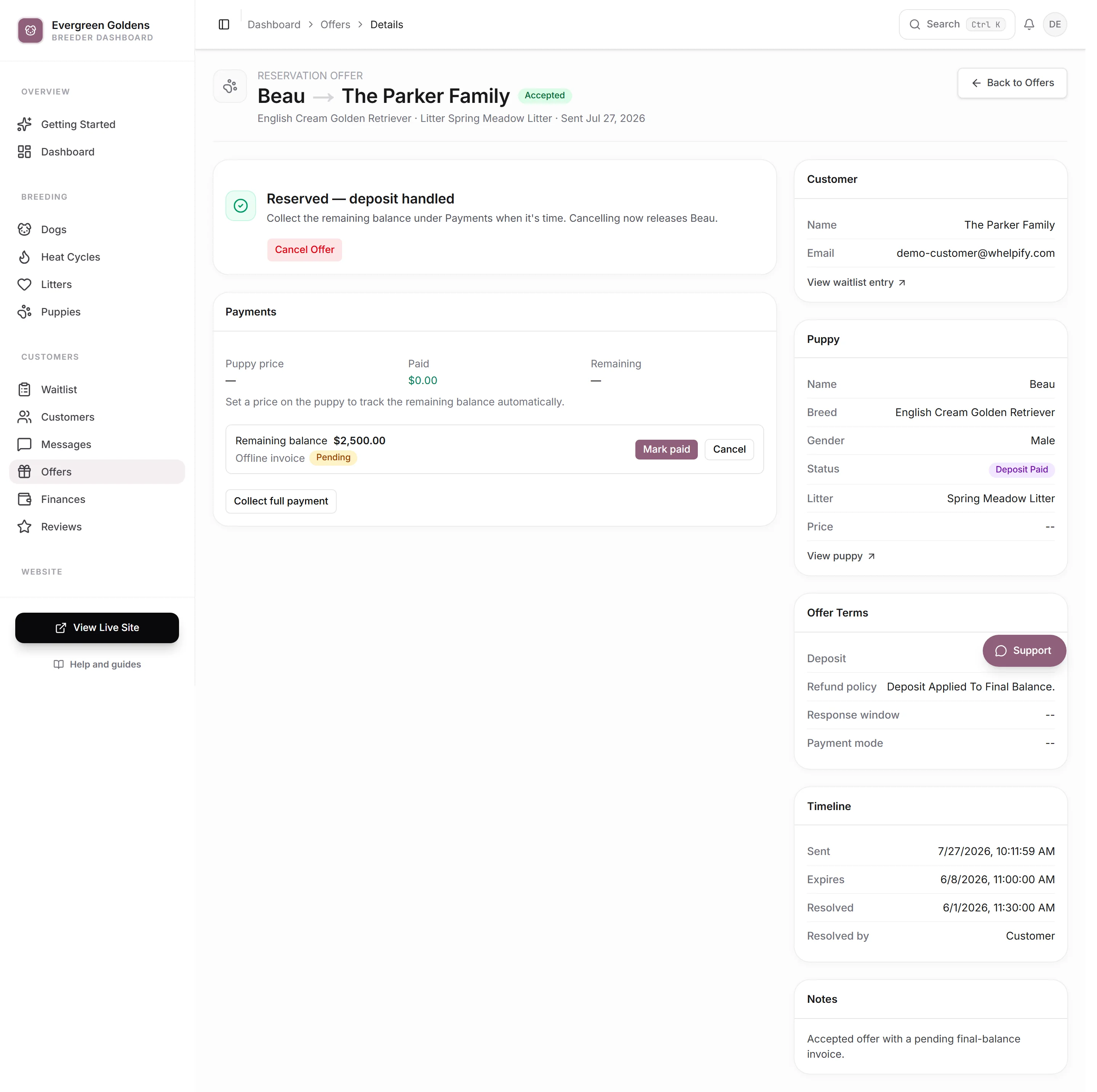 A reservation offer with its payments panel and actions