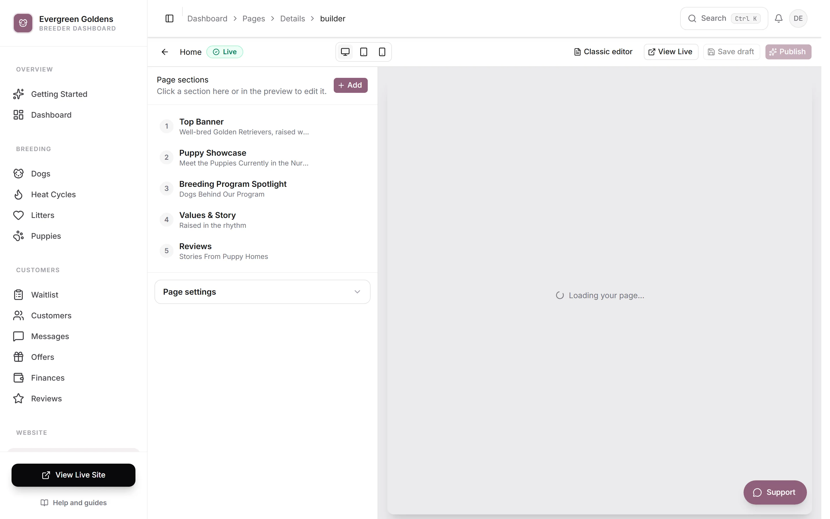 The page builder, where page settings hold the Google title and description