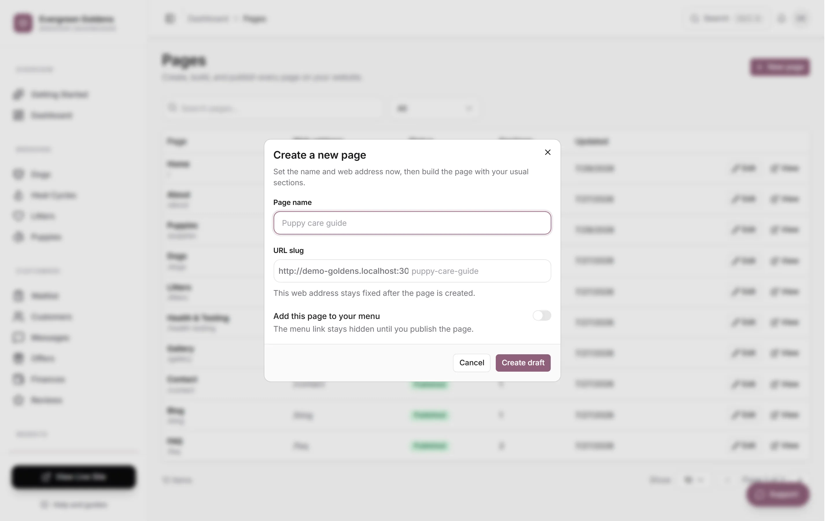 The Create a new page dialog with the page name, URL slug, and menu switch