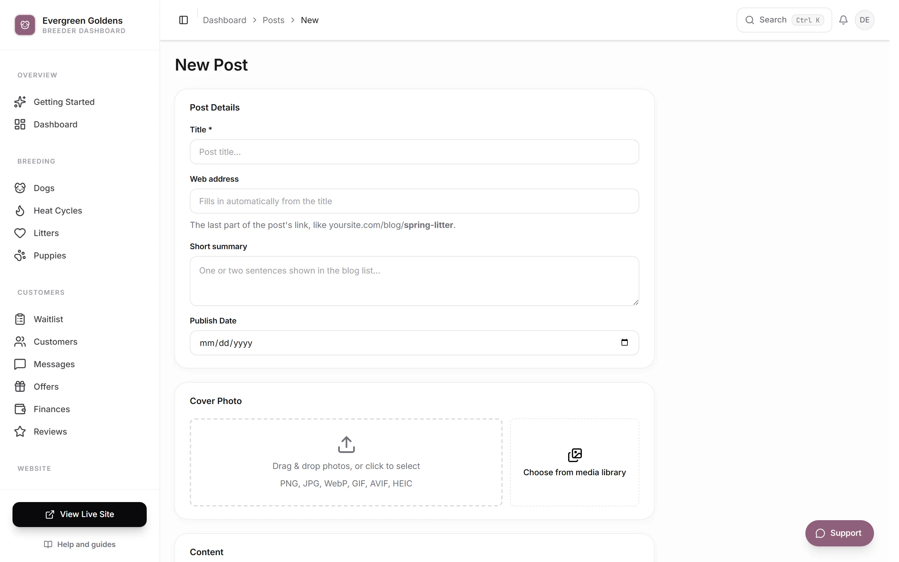 The new post screen with title, summary, and content