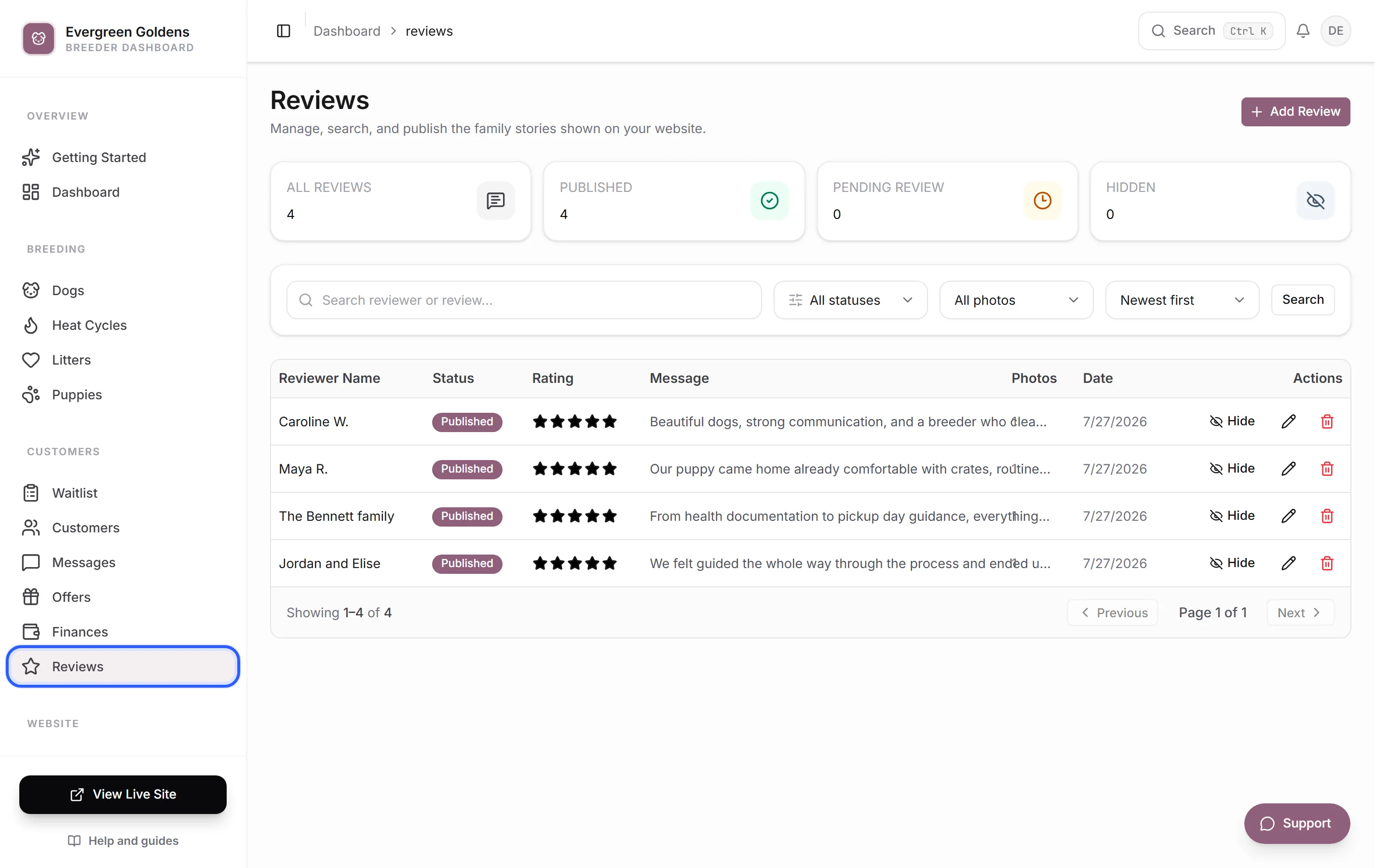 The Reviews screen with counts and the list of reviews
