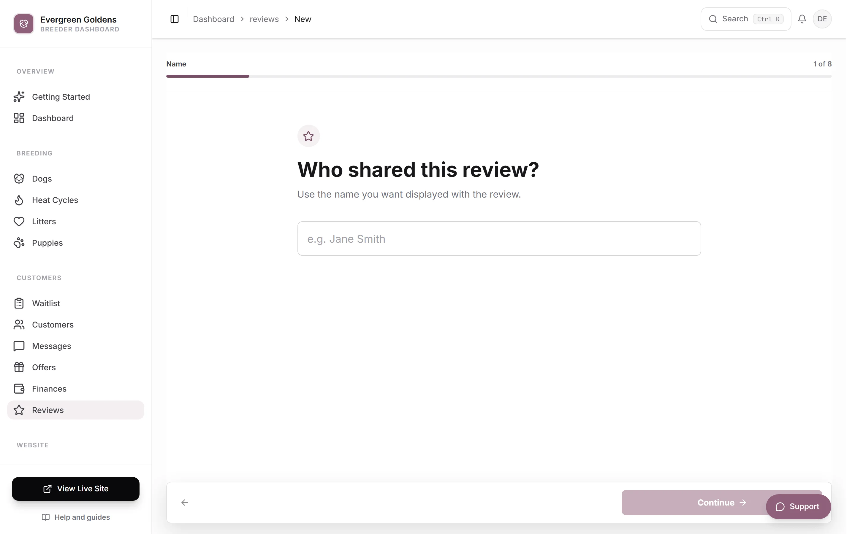 The add review screen with reviewer, rating, and message fields