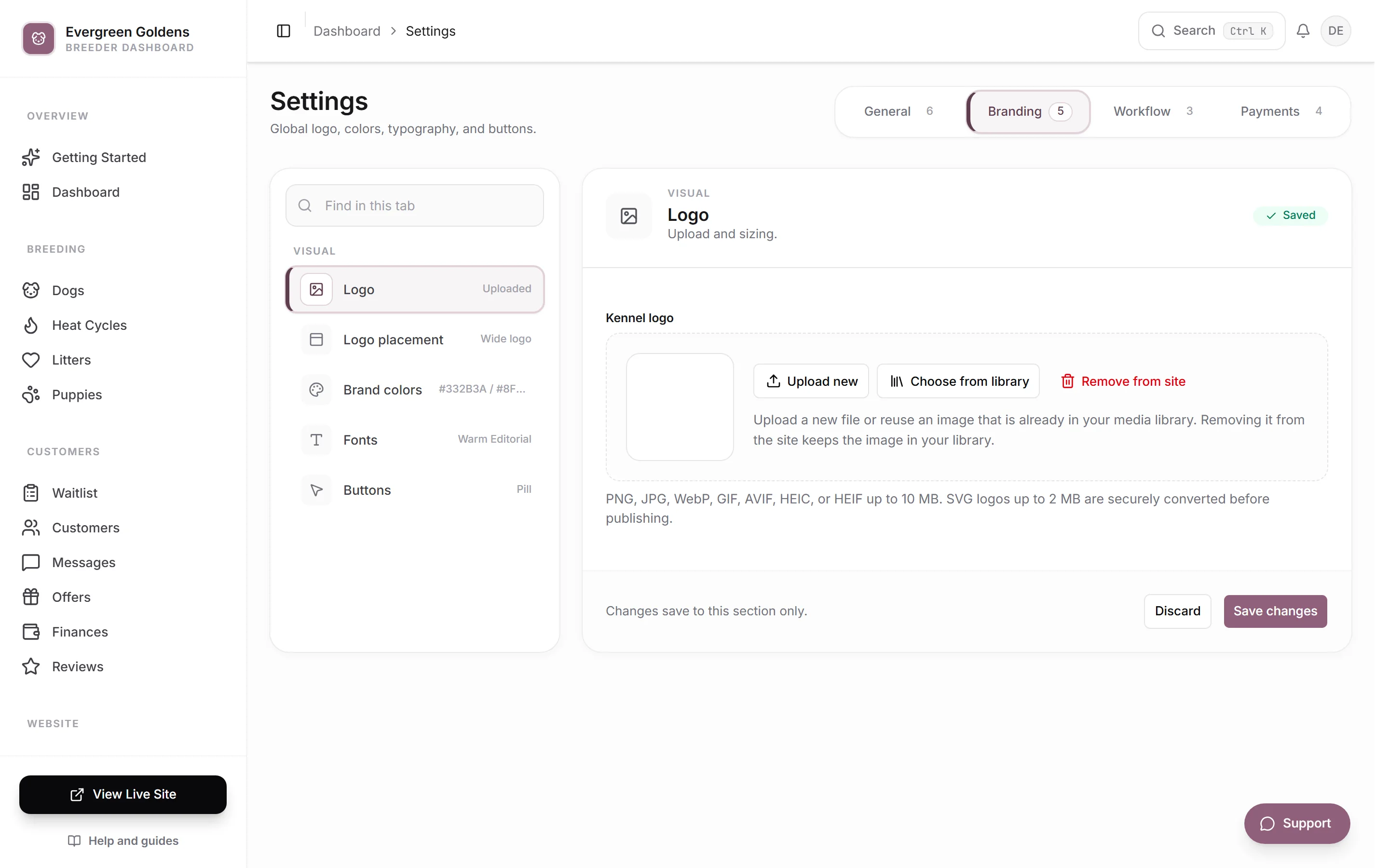 Settings on the Branding tab with the Logo section open
