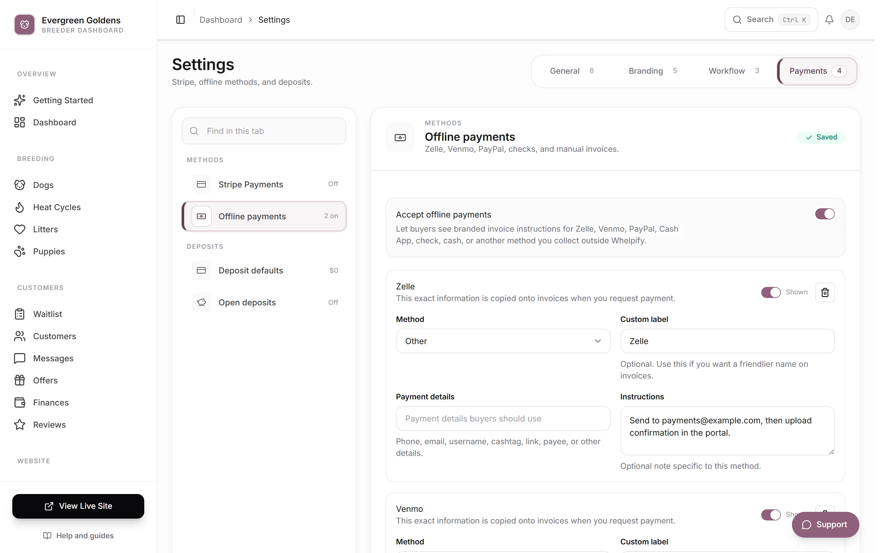 Settings on the Payments tab with the Offline payments section open and a Zelle method filled in