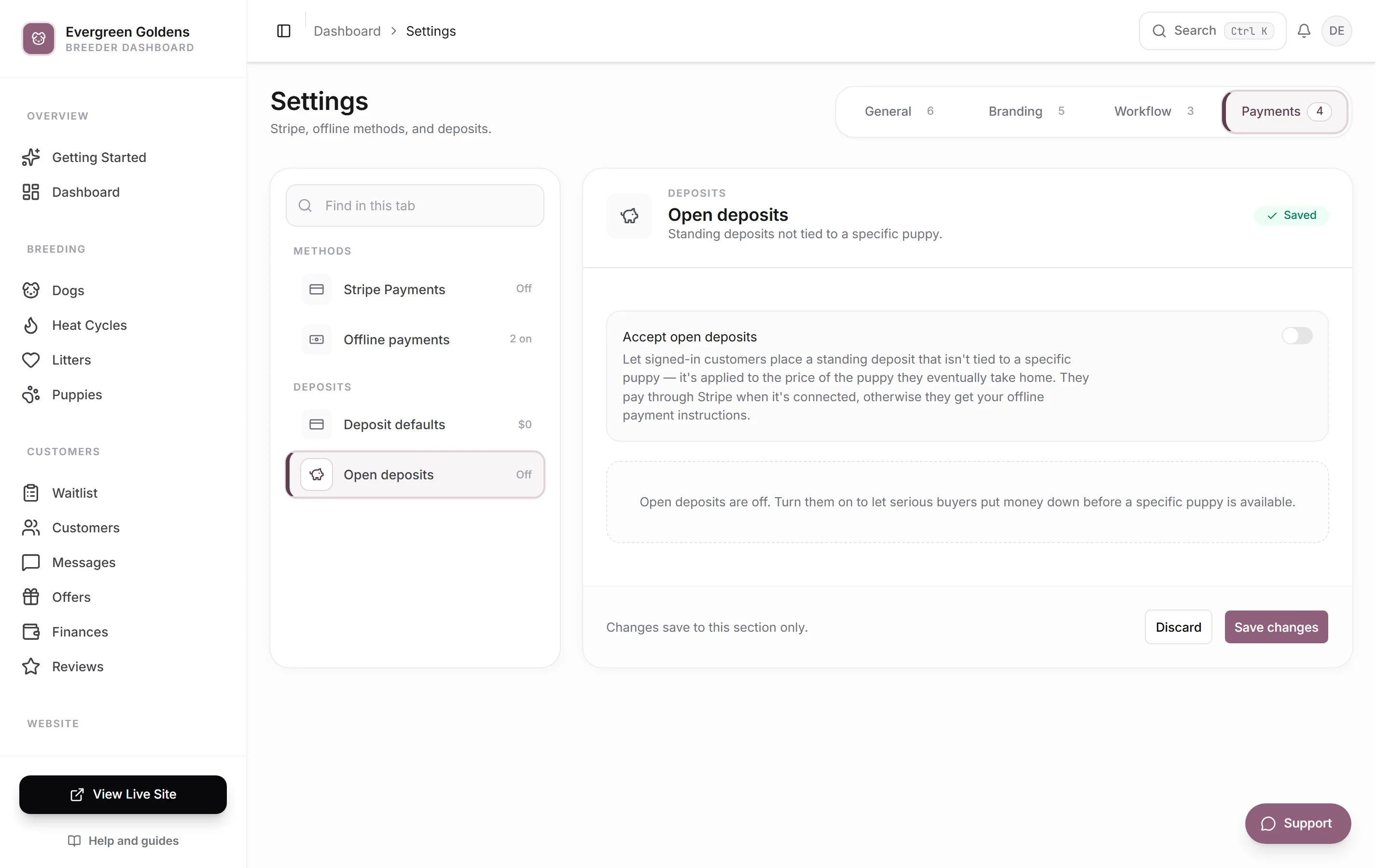 Settings on the Payments tab with the Open deposits section and its switch turned off