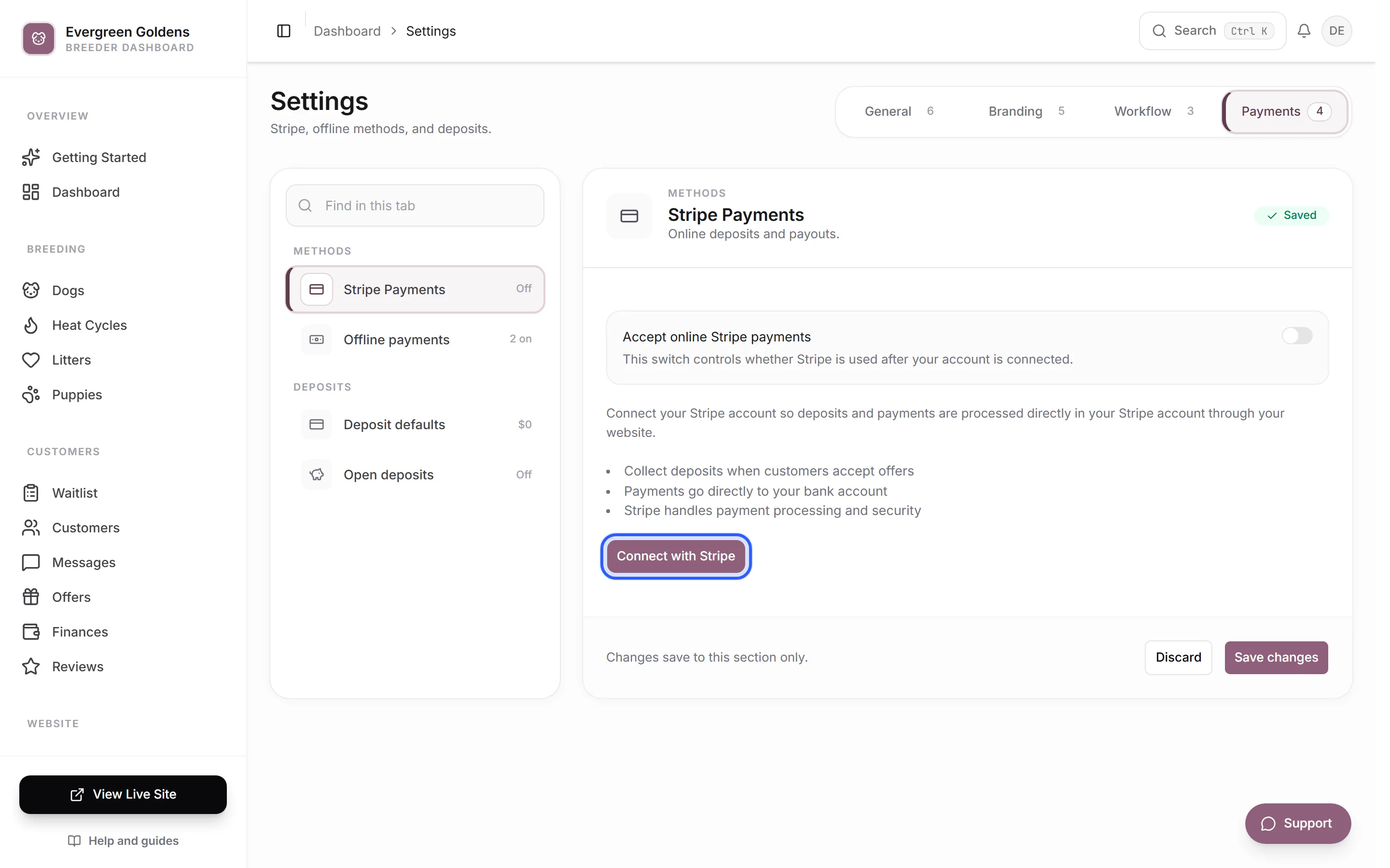 Settings on the Payments tab with the Stripe Payments section open and the Connect with Stripe button outlined