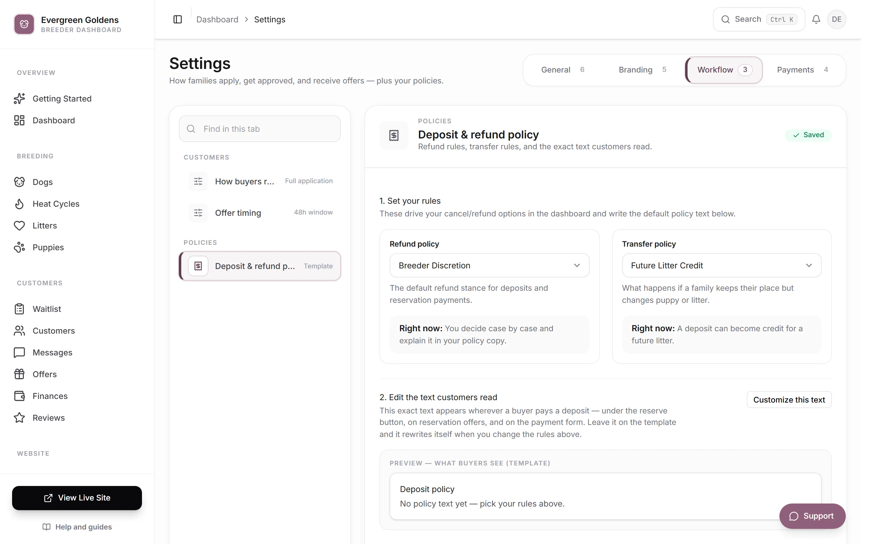 Settings on the Workflow tab with the Deposit and refund policy section open