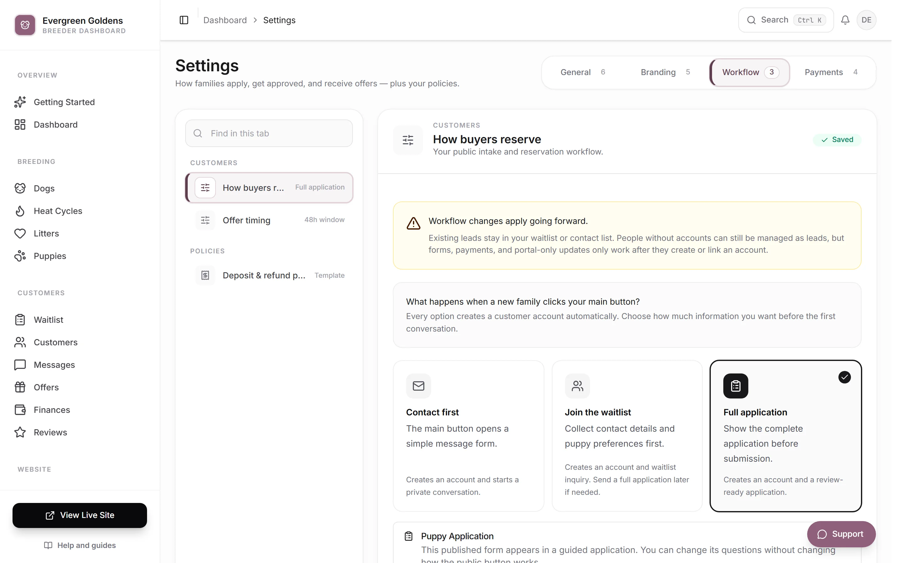 Settings on the Workflow tab showing the three intake cards side by side