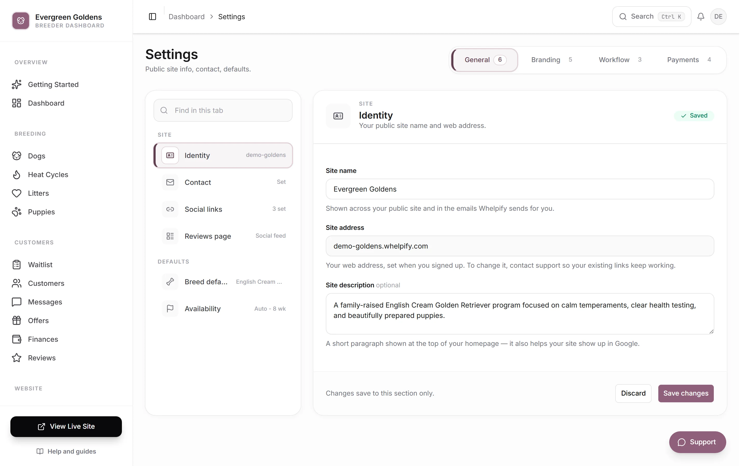 The Settings page