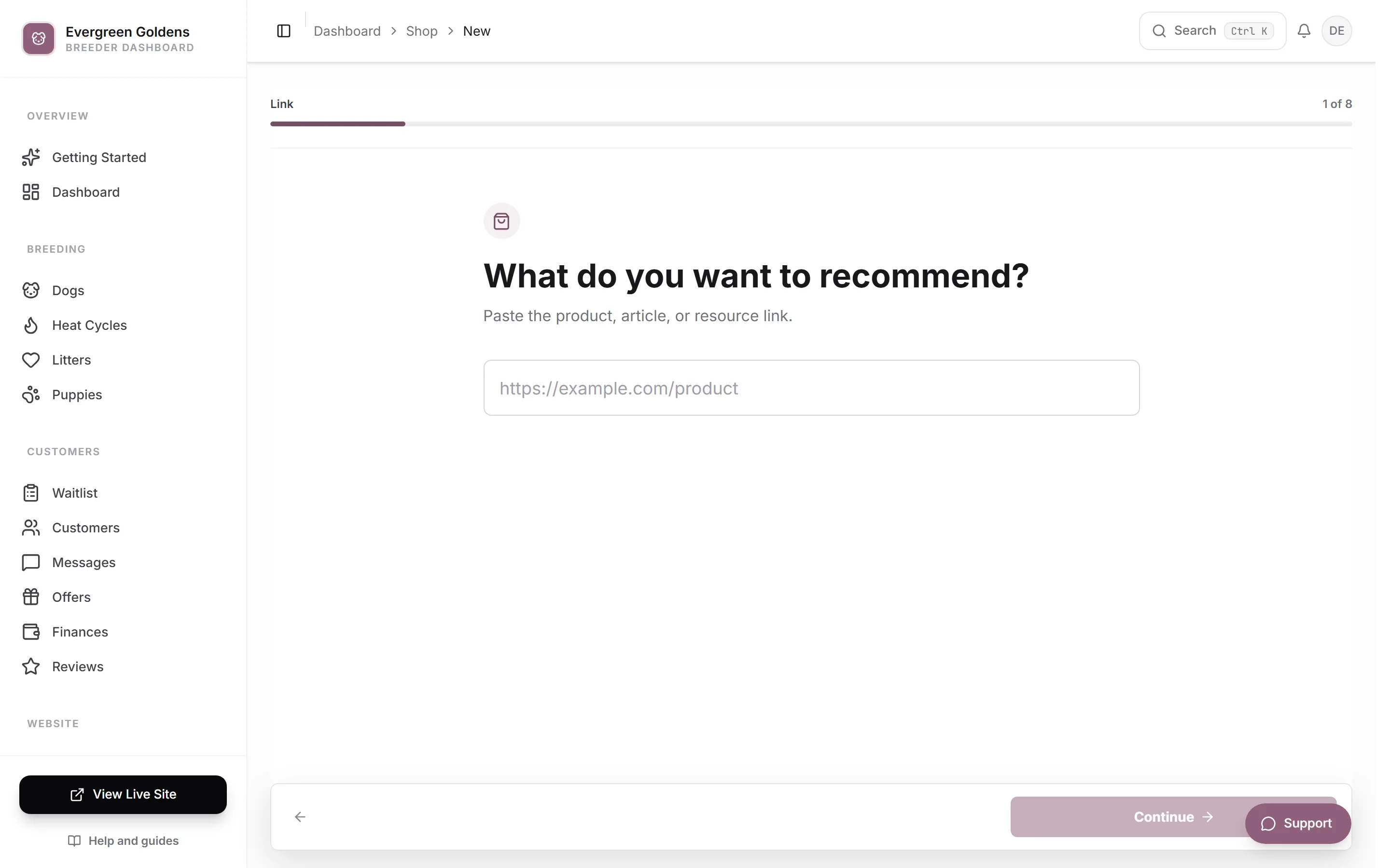 The add recommendation screen with the link, title, and preview