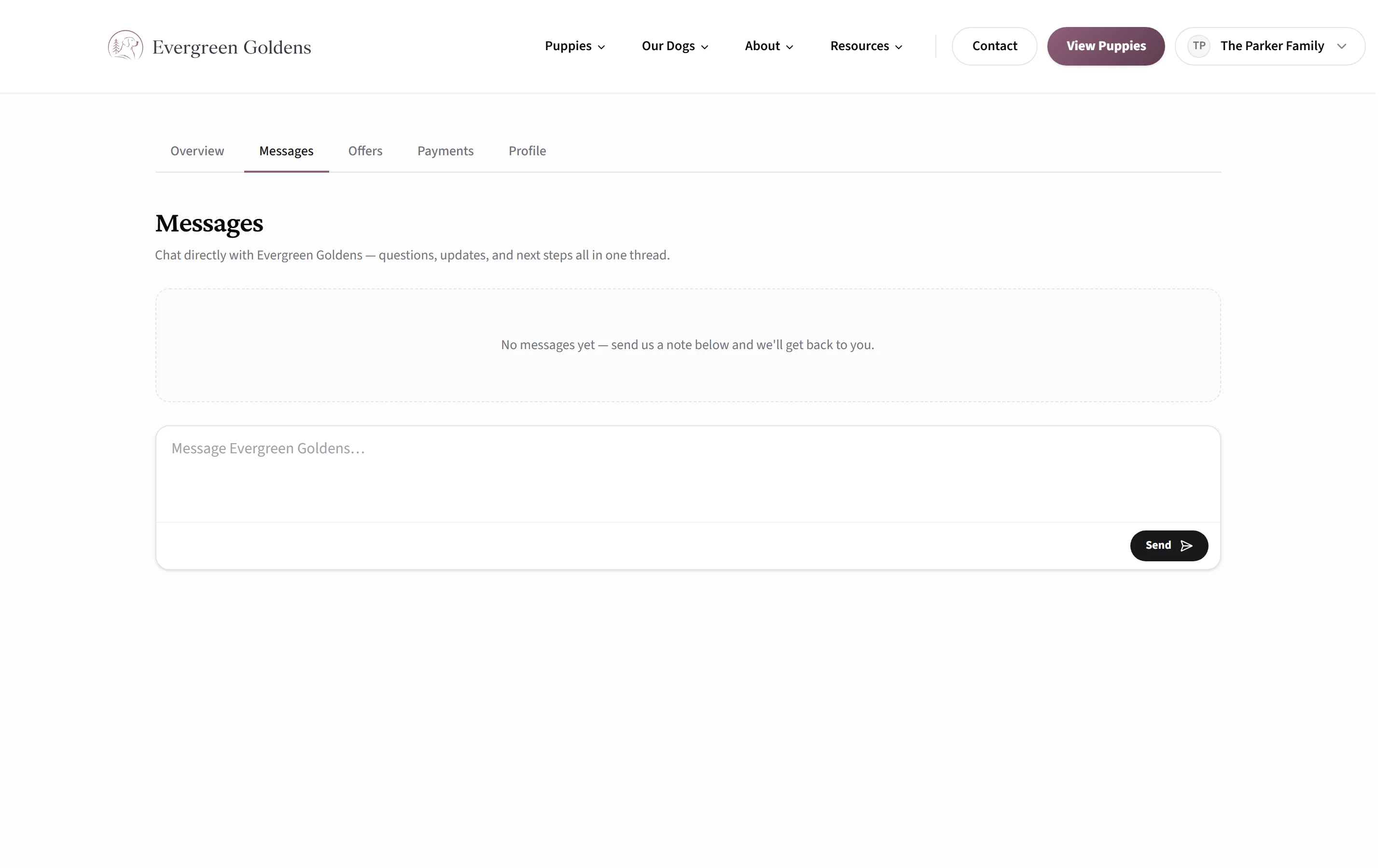 The Messages tab in a buyer's account, with the thread area and the reply box