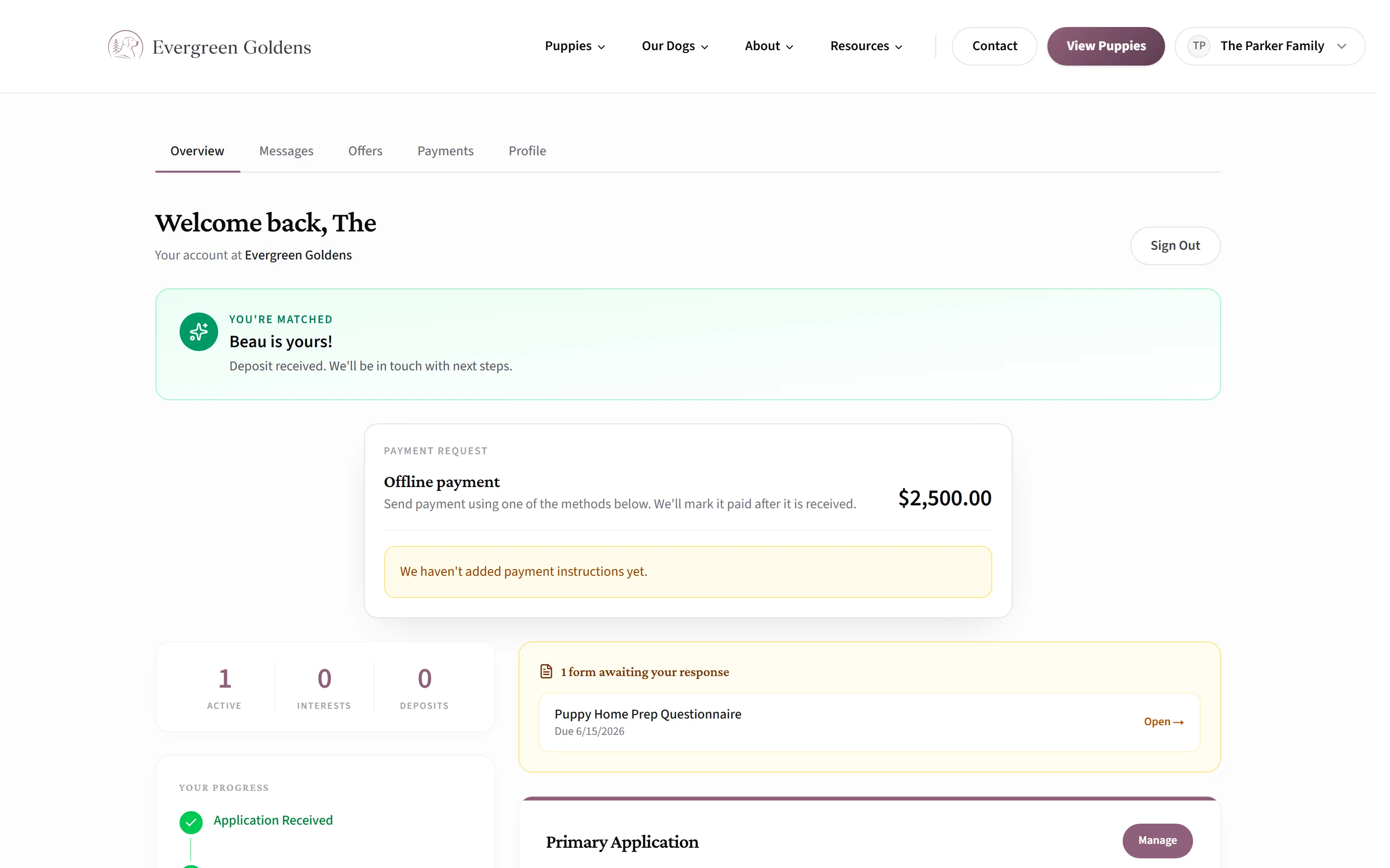 A buyer's account overview on a breeder site, signed in