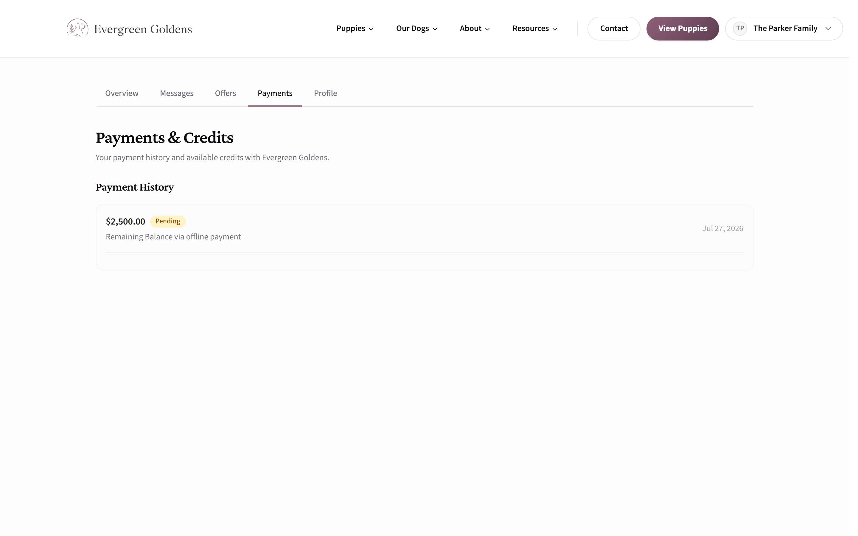 The Payments tab in a buyer's account, showing payment history